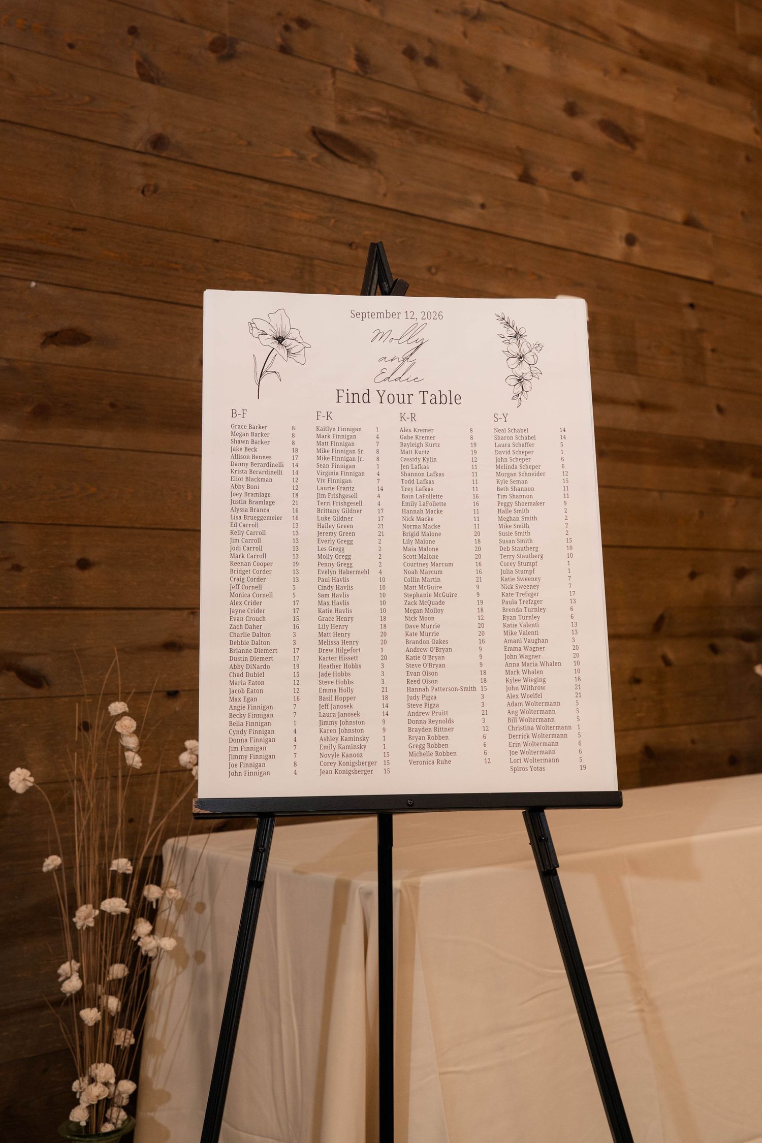 Wedding seating chart on easel with floral design against wood panel wall.