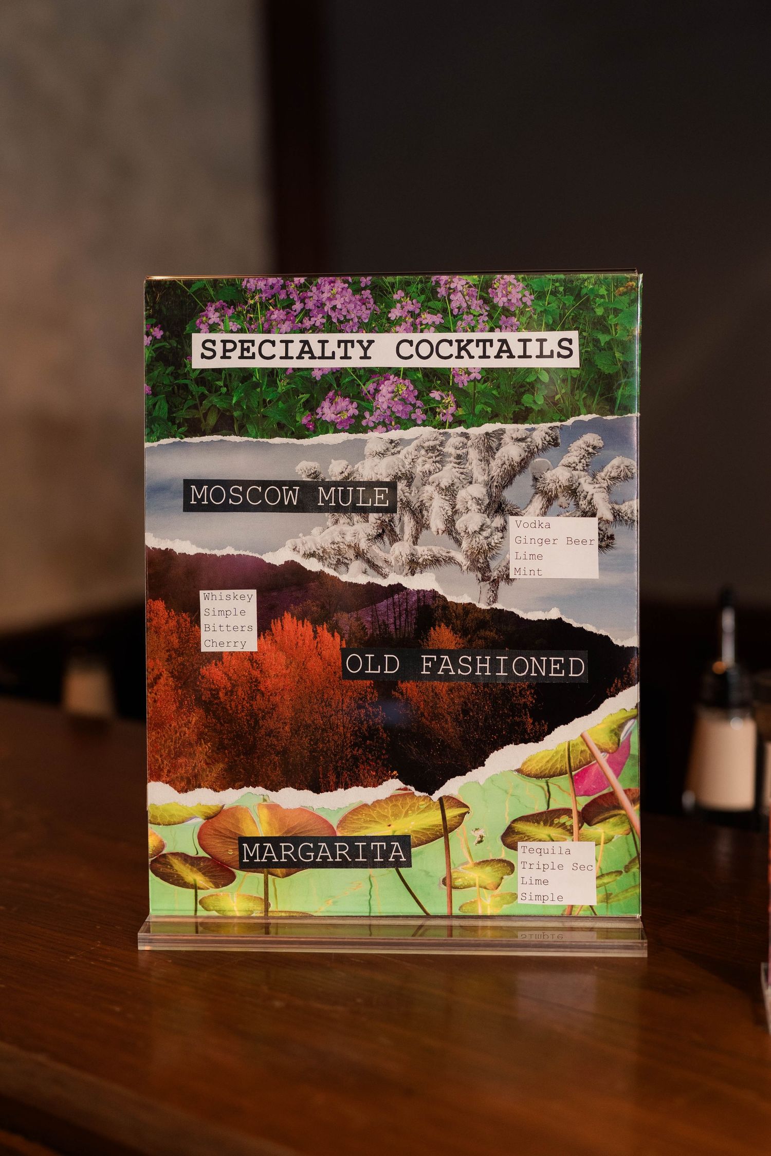 Creative specialty cocktails menu displaying Moscow Mule, Old Fashioned, and Margarita options.