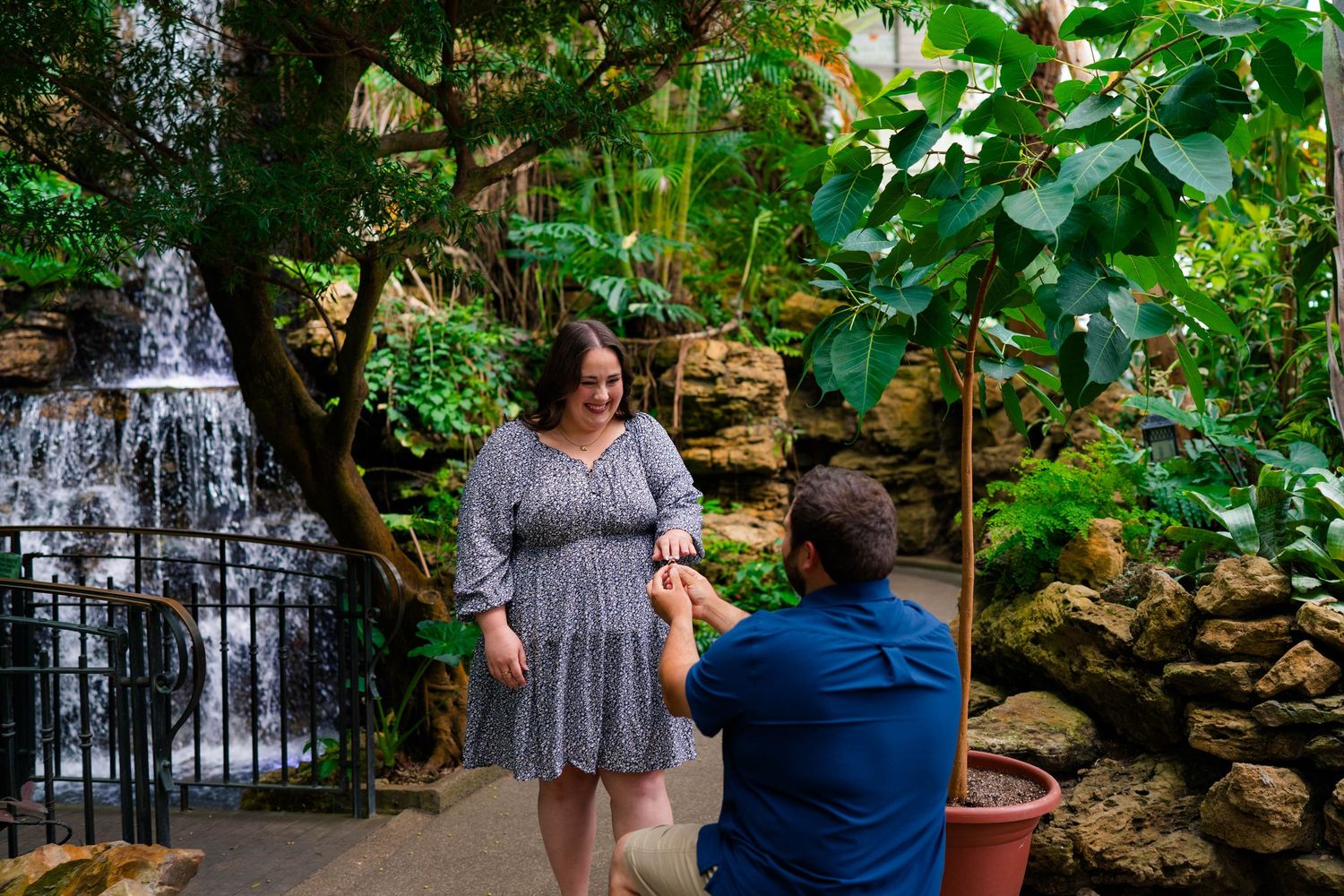Romantic marriage proposal with man on one knee presenting ring to woman near a tropical garden waterfall.