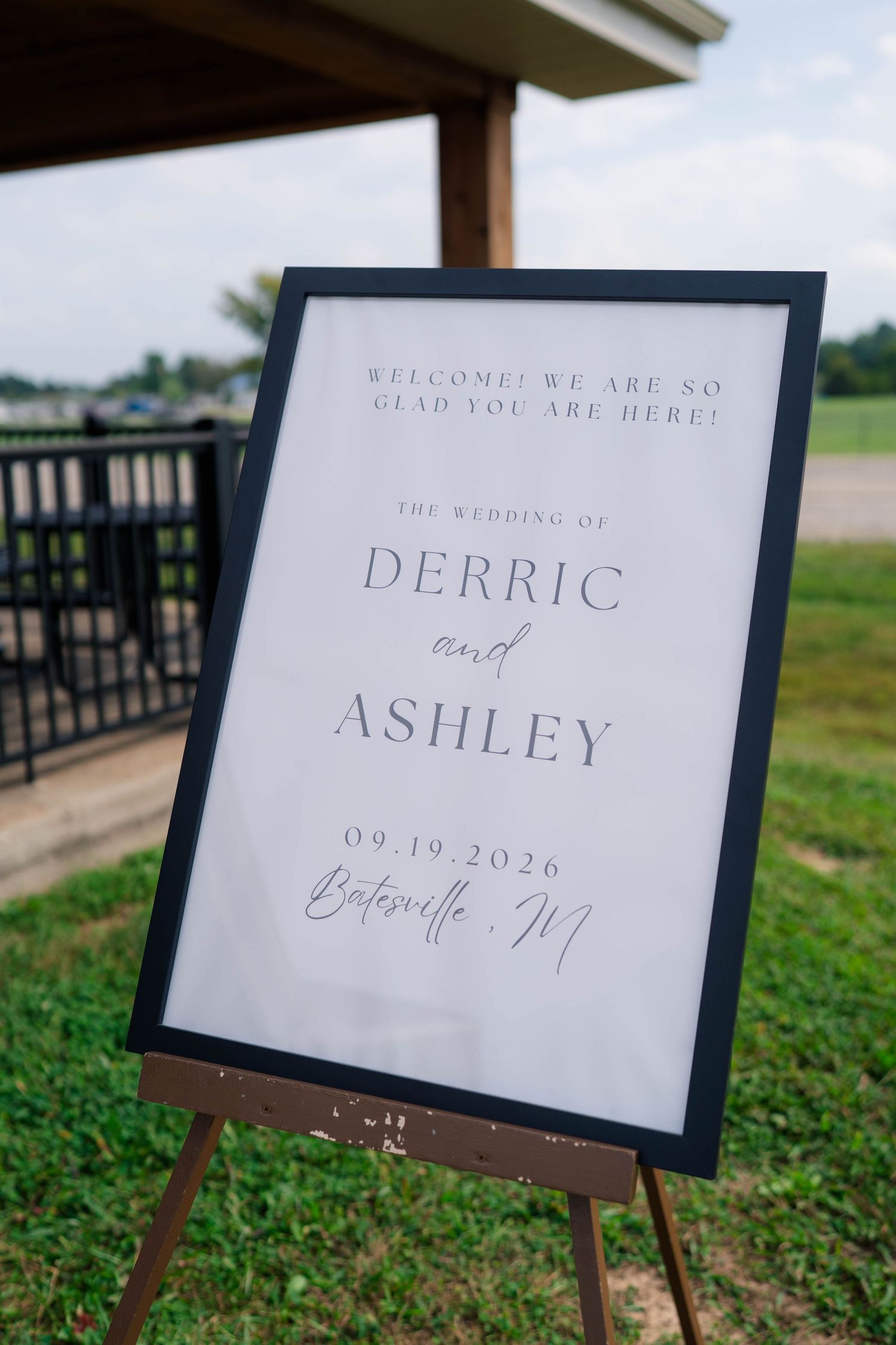 Elegant framed wedding welcome sign for Derric and Ashley dated 09.19.2026 in Batesville, IN.