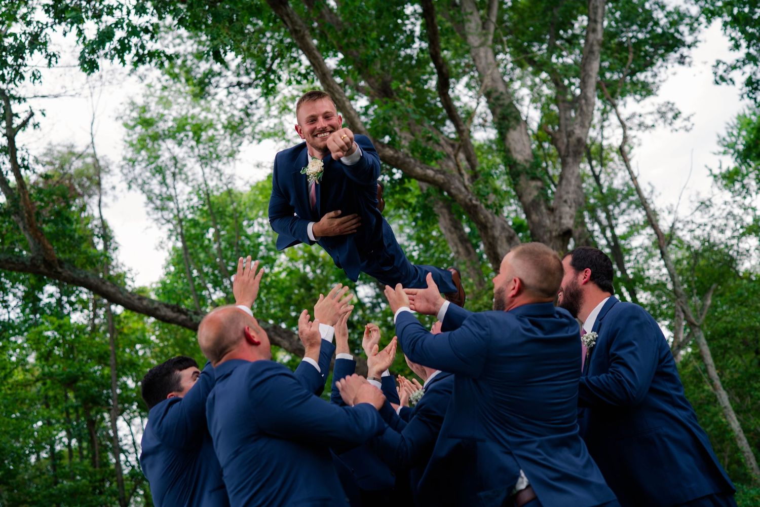 Groomsmen in navy suits toss the groom joyfully into the air beneath lush green trees at a wedding.
