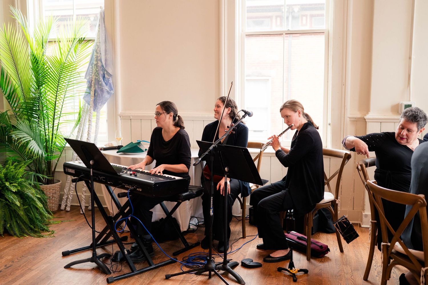 A string quartet performs chamber music in a bright room with hardwood floors and tropical plants.
