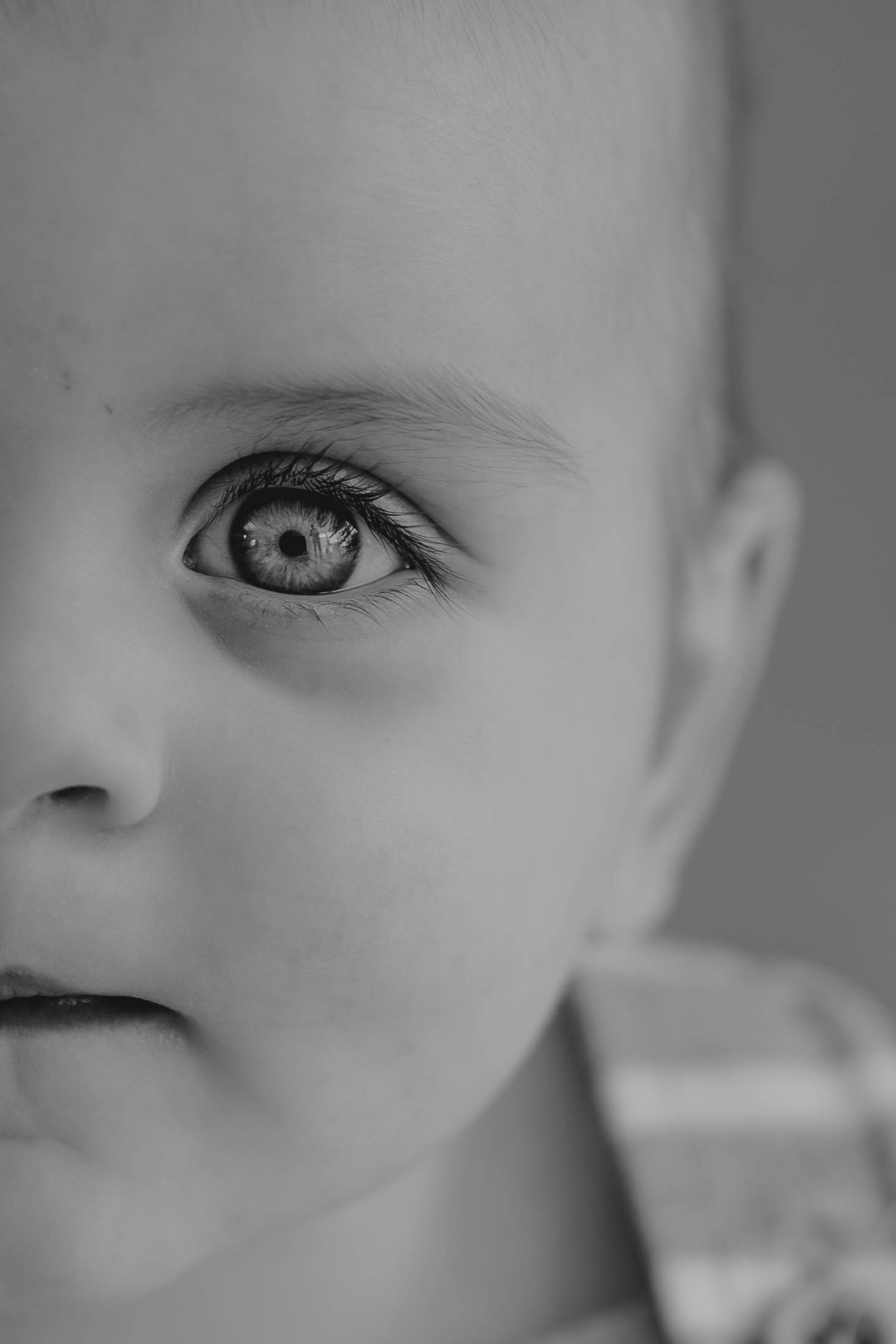 Striking black and white close-up portrait of a baby eye with long lashes.