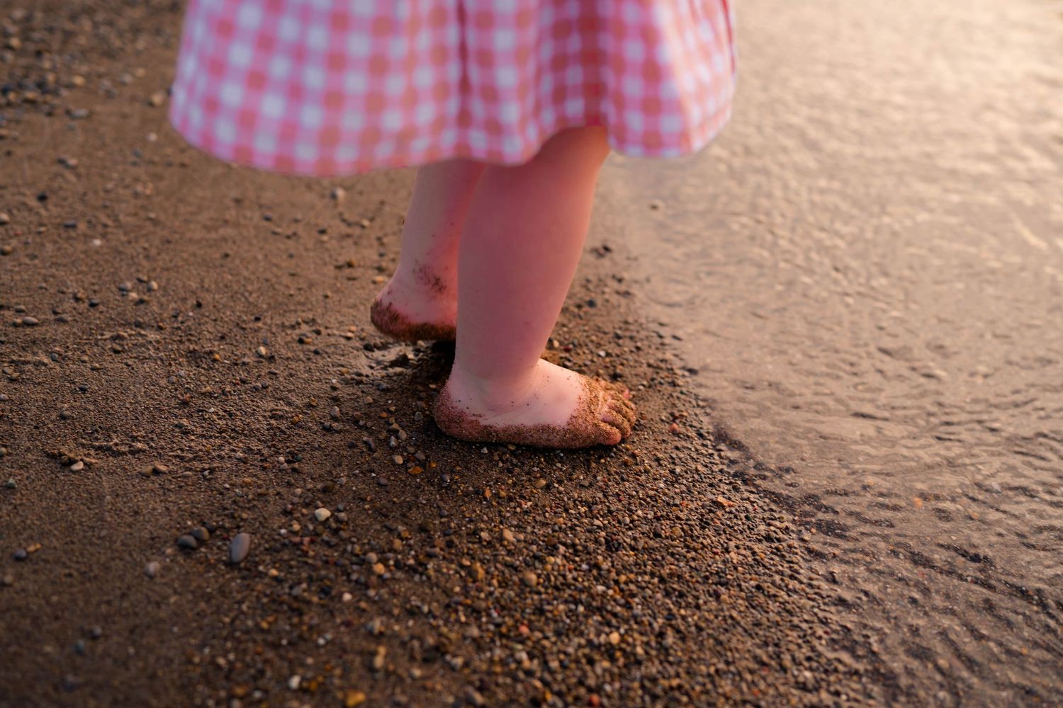 Close-up of a toddler's bare feet standing on wet sandy beach in a pink gingham dress.