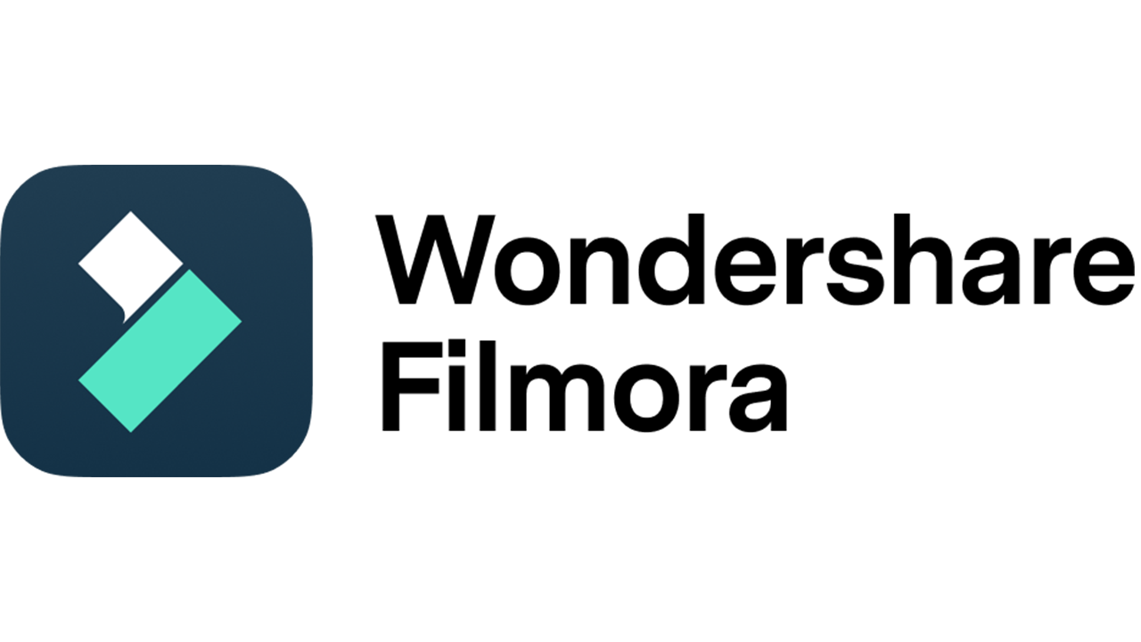 Wondershare Filmora logo with teal and white diamond icon on dark navy background.