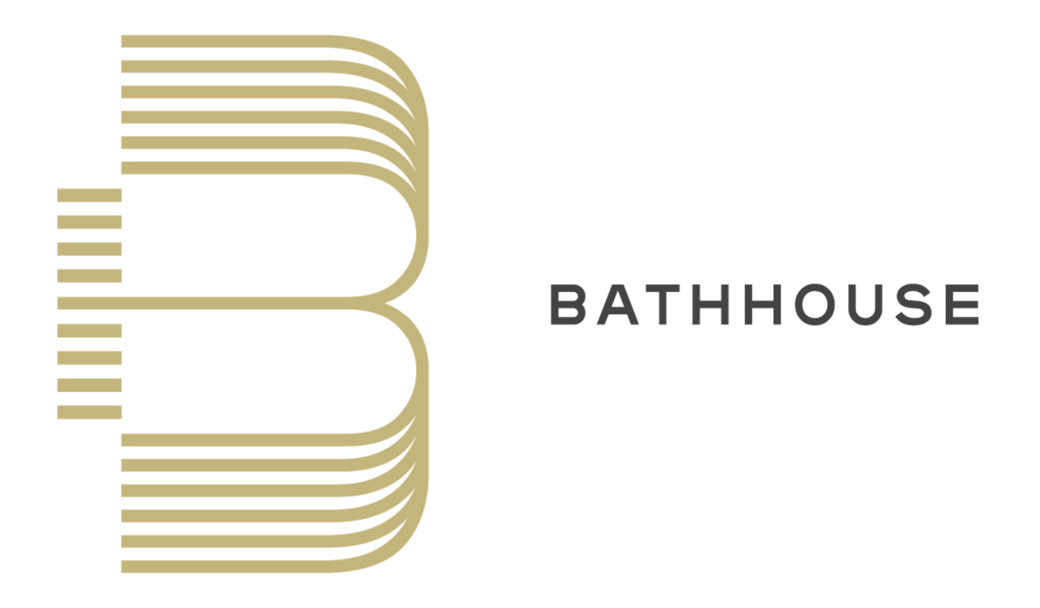 Bathhouse logo featuring a gold striped letter B monogram beside elegant sans-serif text.