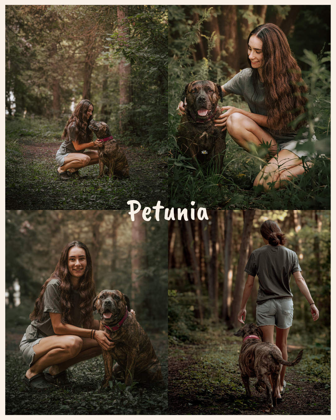 A young woman named Petunia poses with her large brown dog in a lush green forest setting.