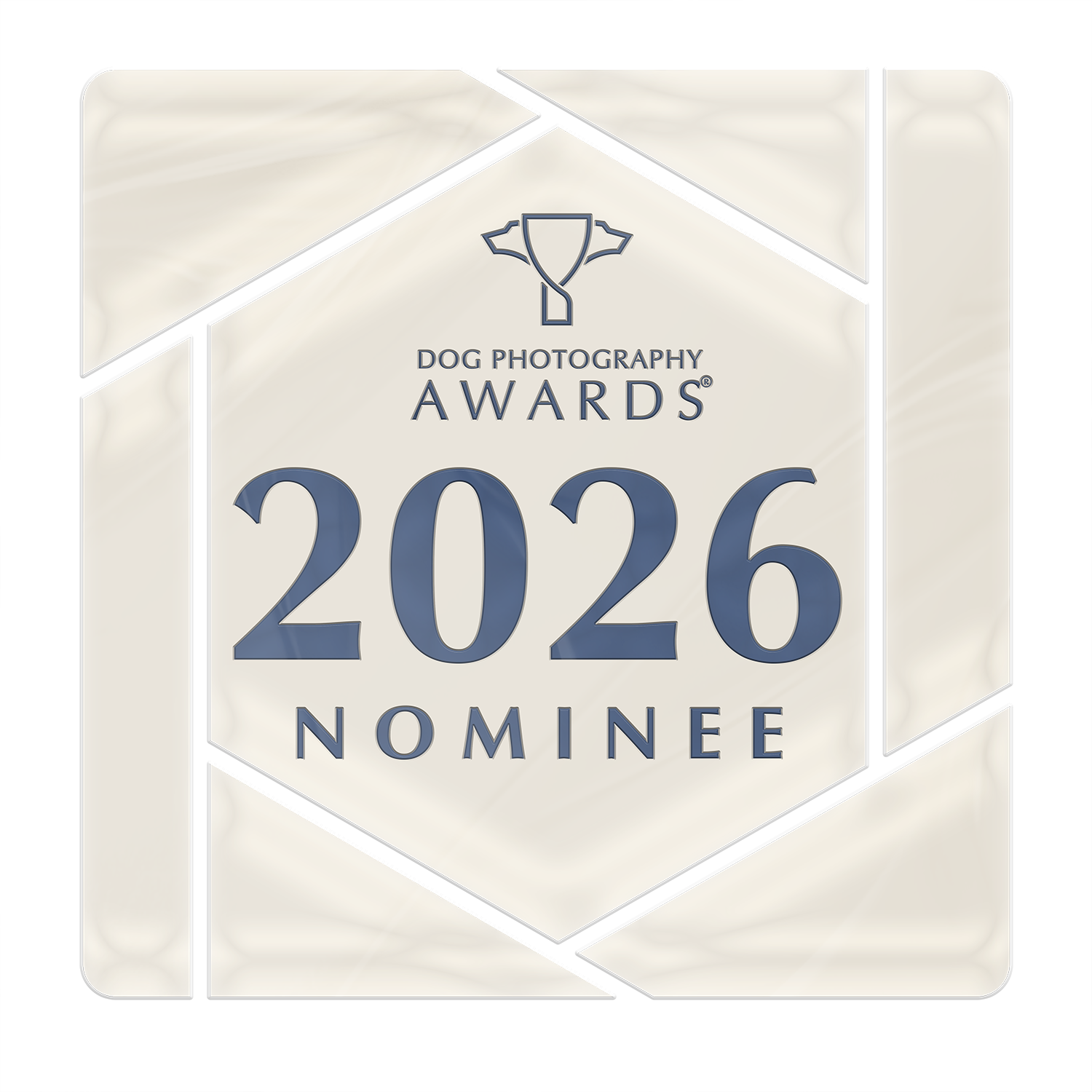 Dog Photography Awards 2026 Nominee badge with trophy icon on cream geometric background.