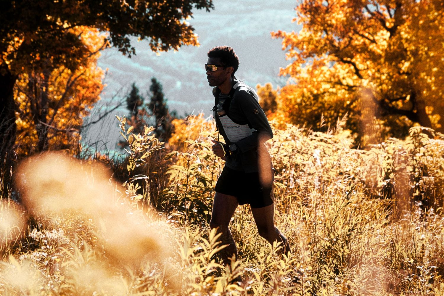 A man hikes through golden autumn foliage wearing a backpack on a scenic fall trail surrounded by vibrant yellow trees.
