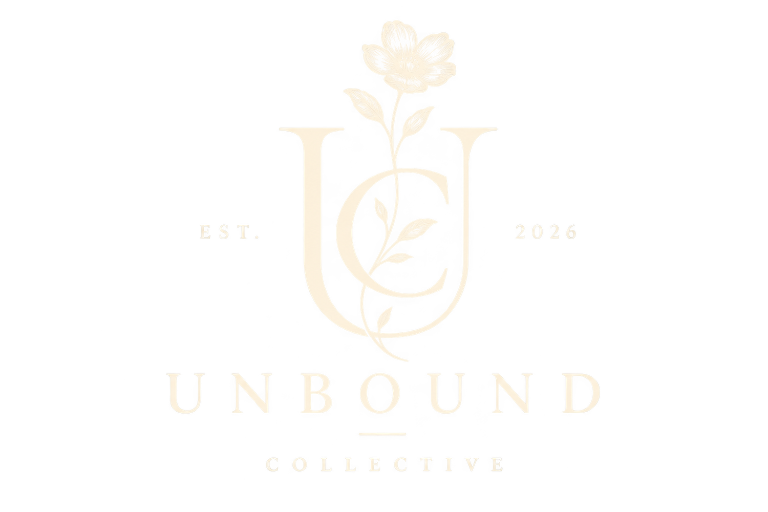 Elegant Unbound Collective logo with floral rose design in cream tones on white background.