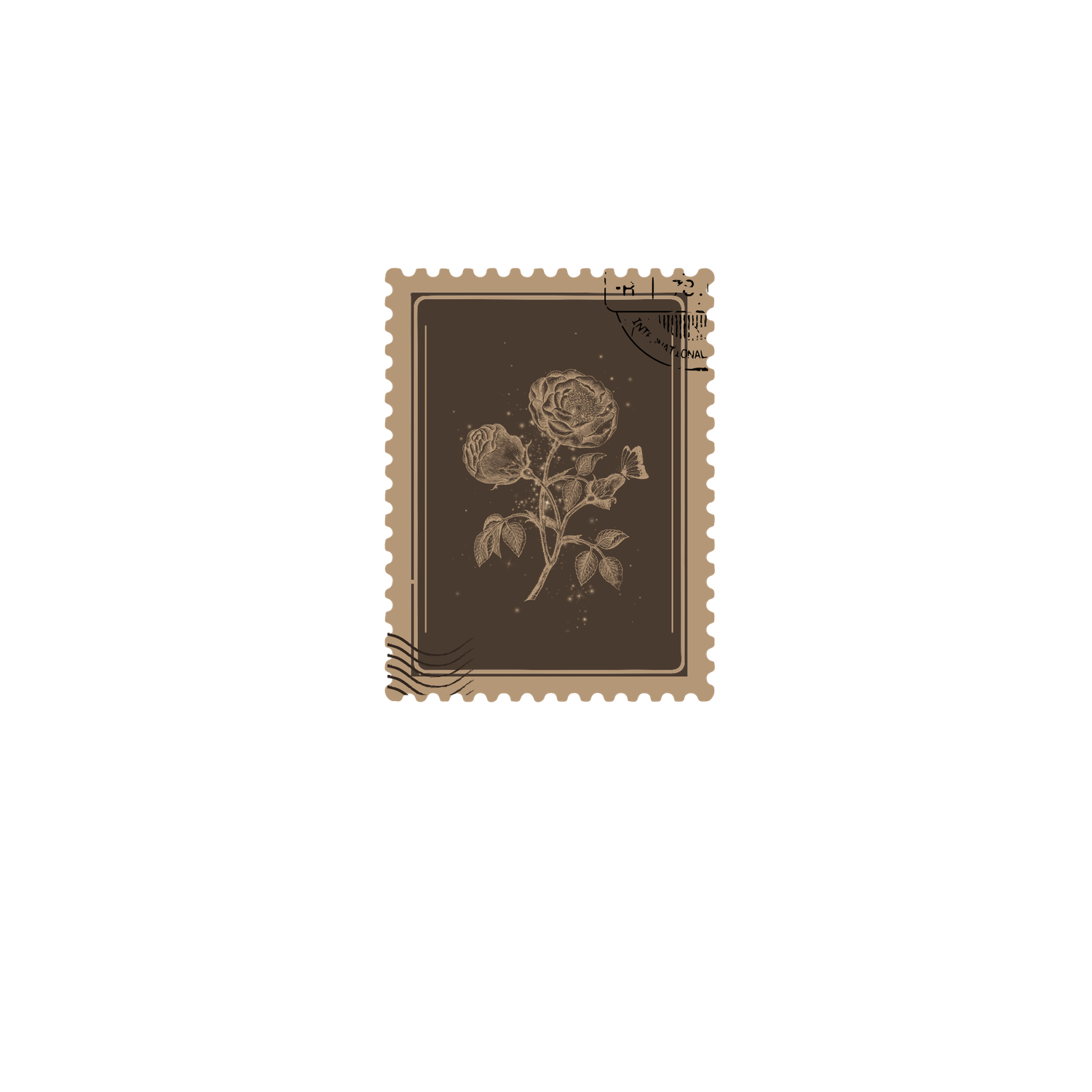 Vintage brown postage stamp featuring an elegant rose botanical illustration in antique sepia tones.