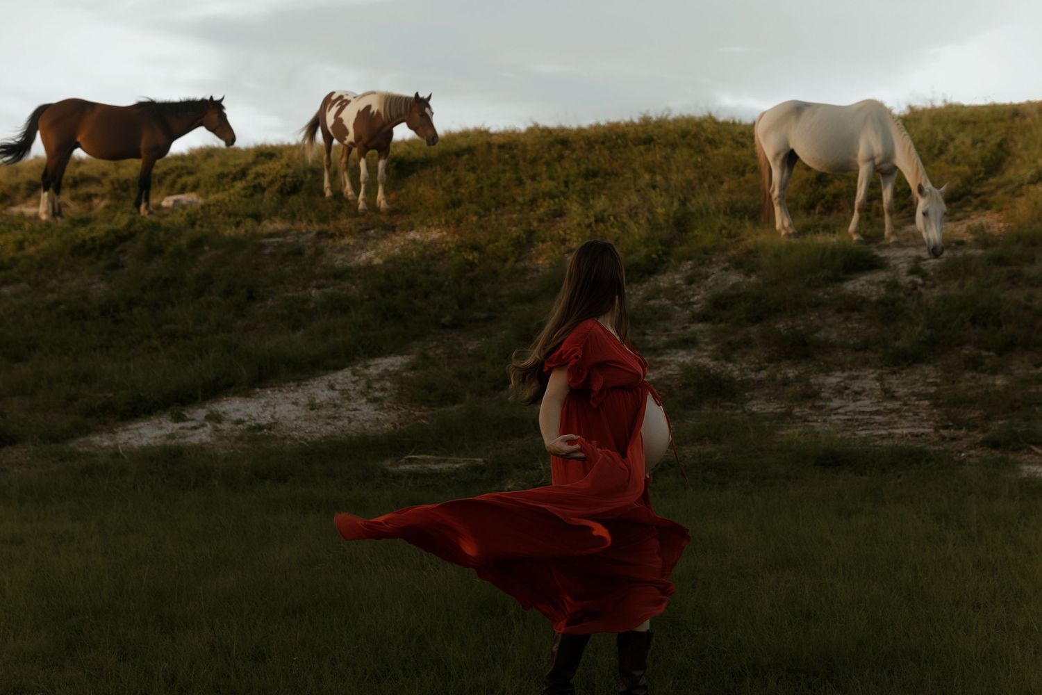 Pregnant woman in red dress walks toward horses grazing on grassy hill at dusk.