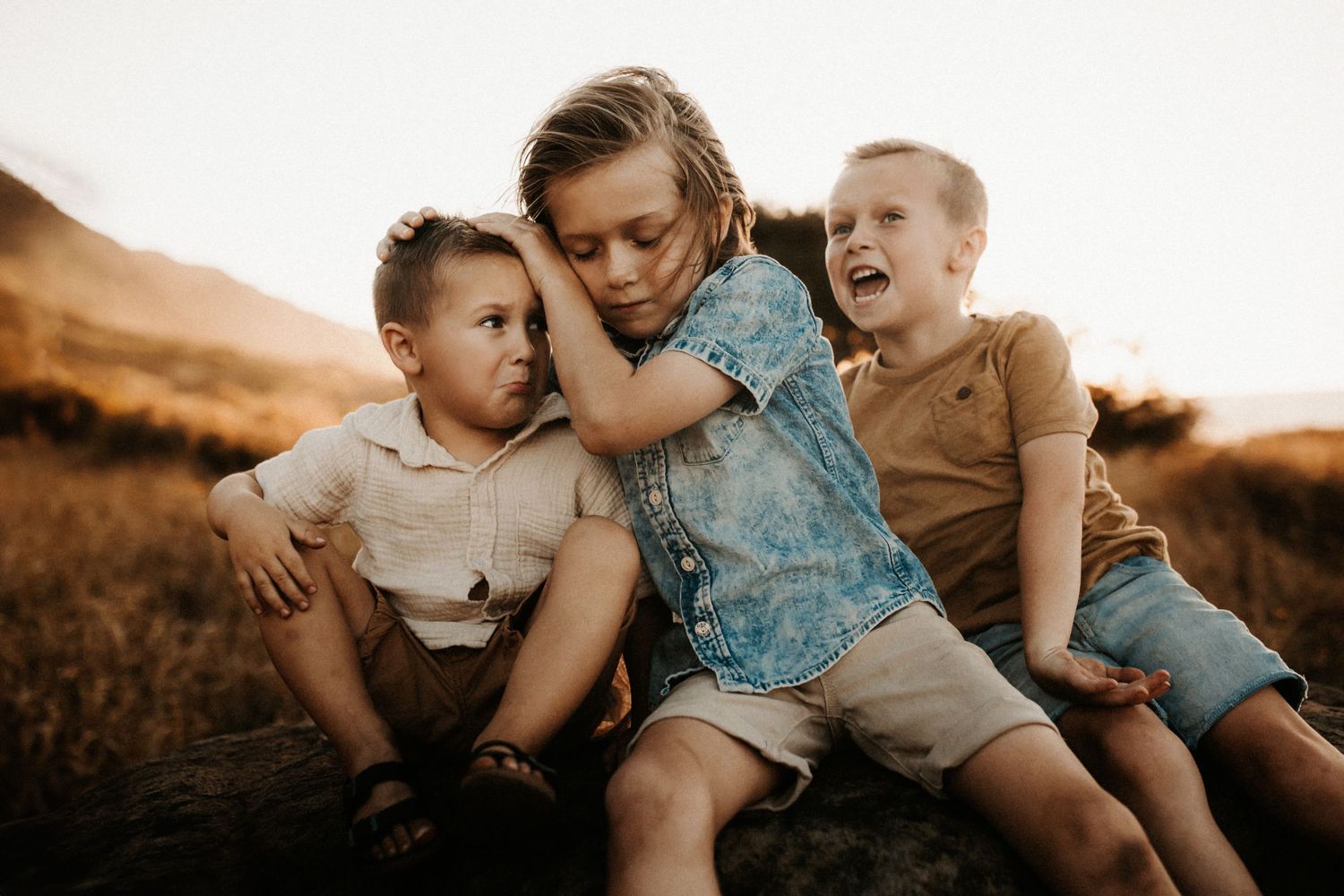 Three young boys sitting together on a rock in a golden sunset field.