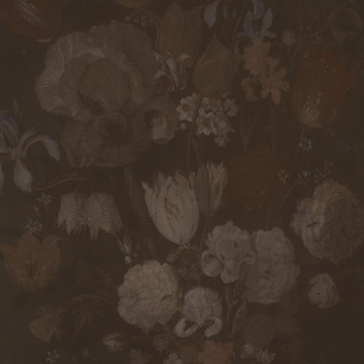 Dark moody vintage floral painting with tulips, carnations, and mixed blooms in deep brown tones.
