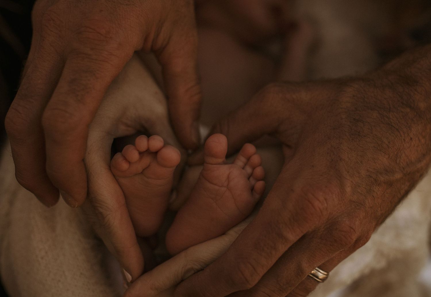 Two adult hands gently cradle tiny newborn baby feet in a heart shape on a white blanket.
