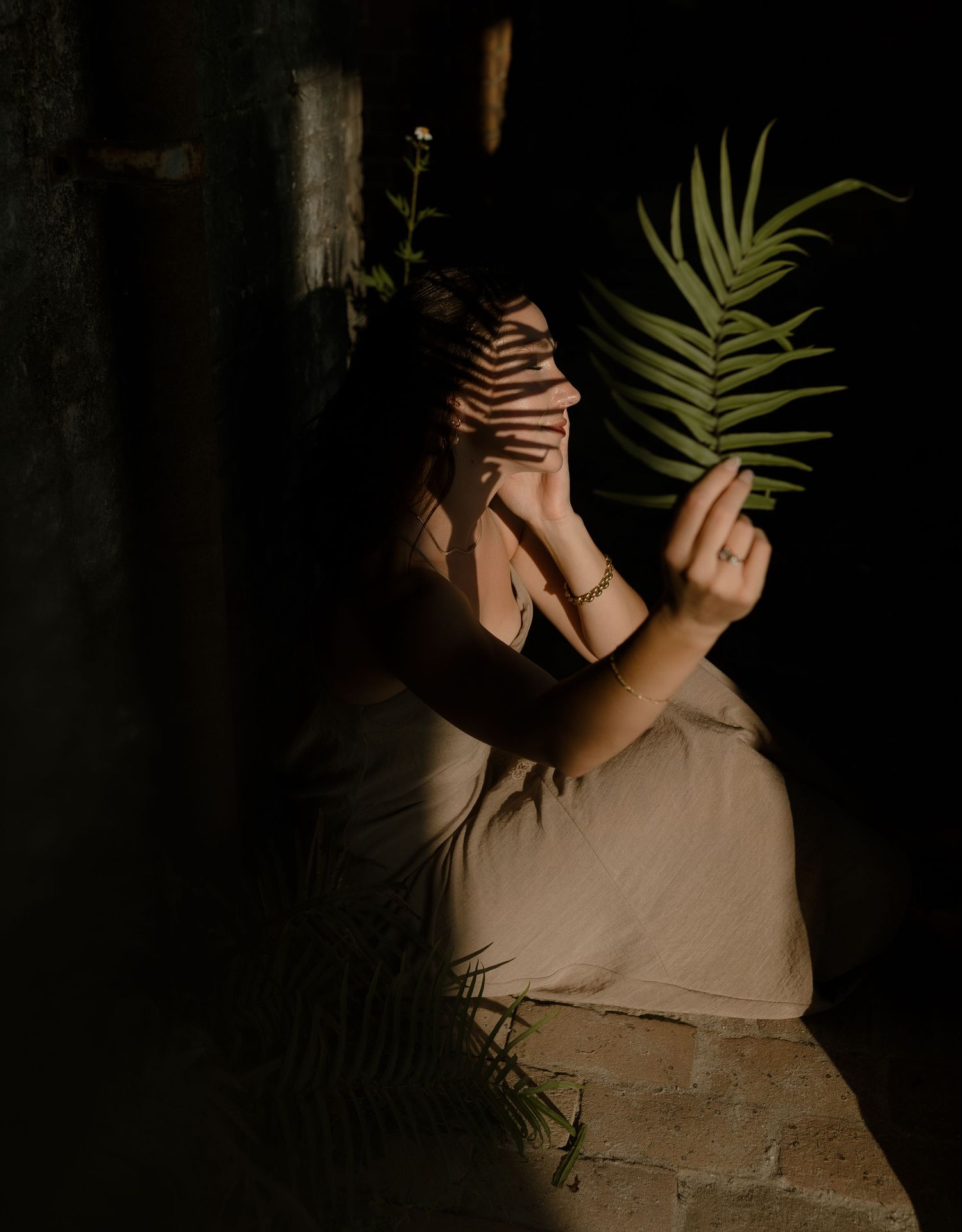 A woman holds a green fern leaf casting shadows on her face in dramatic natural light against a dark background.