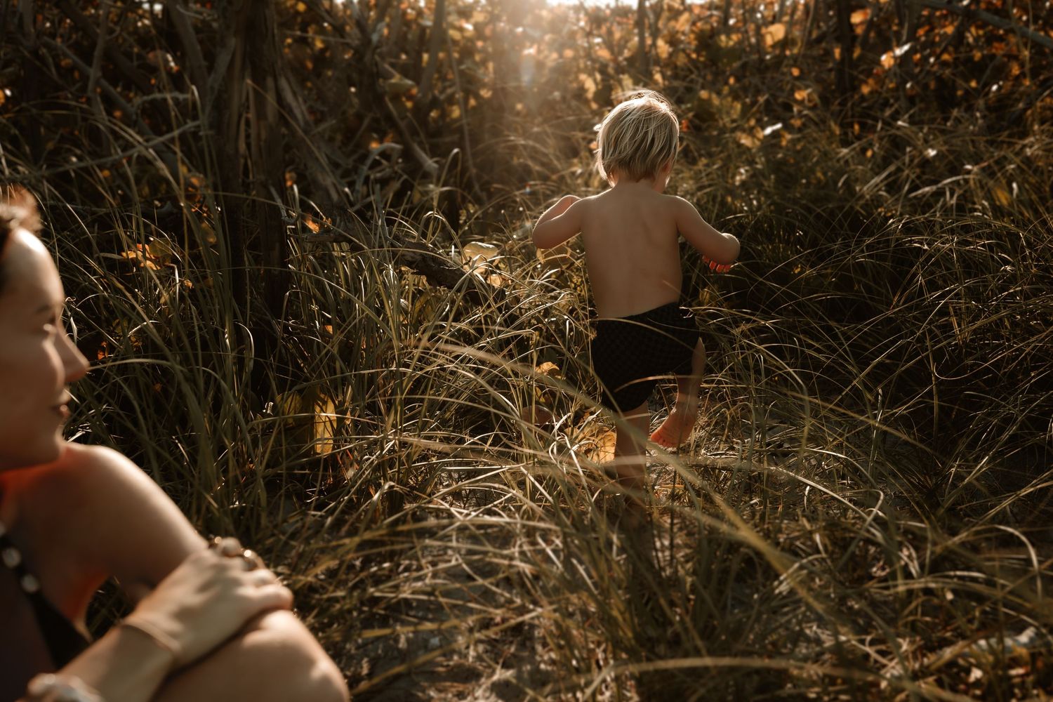 Toddler running through tall golden grass in sunlit field while mother watches nearby.