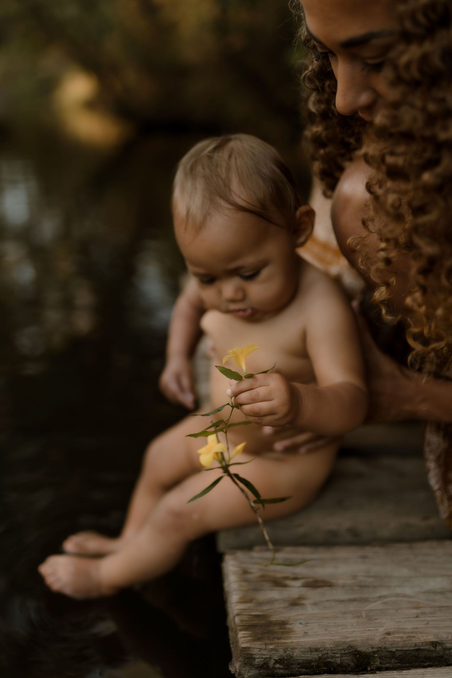 Baby explores yellow wildflower while sitting on wooden dock with mother in nature.