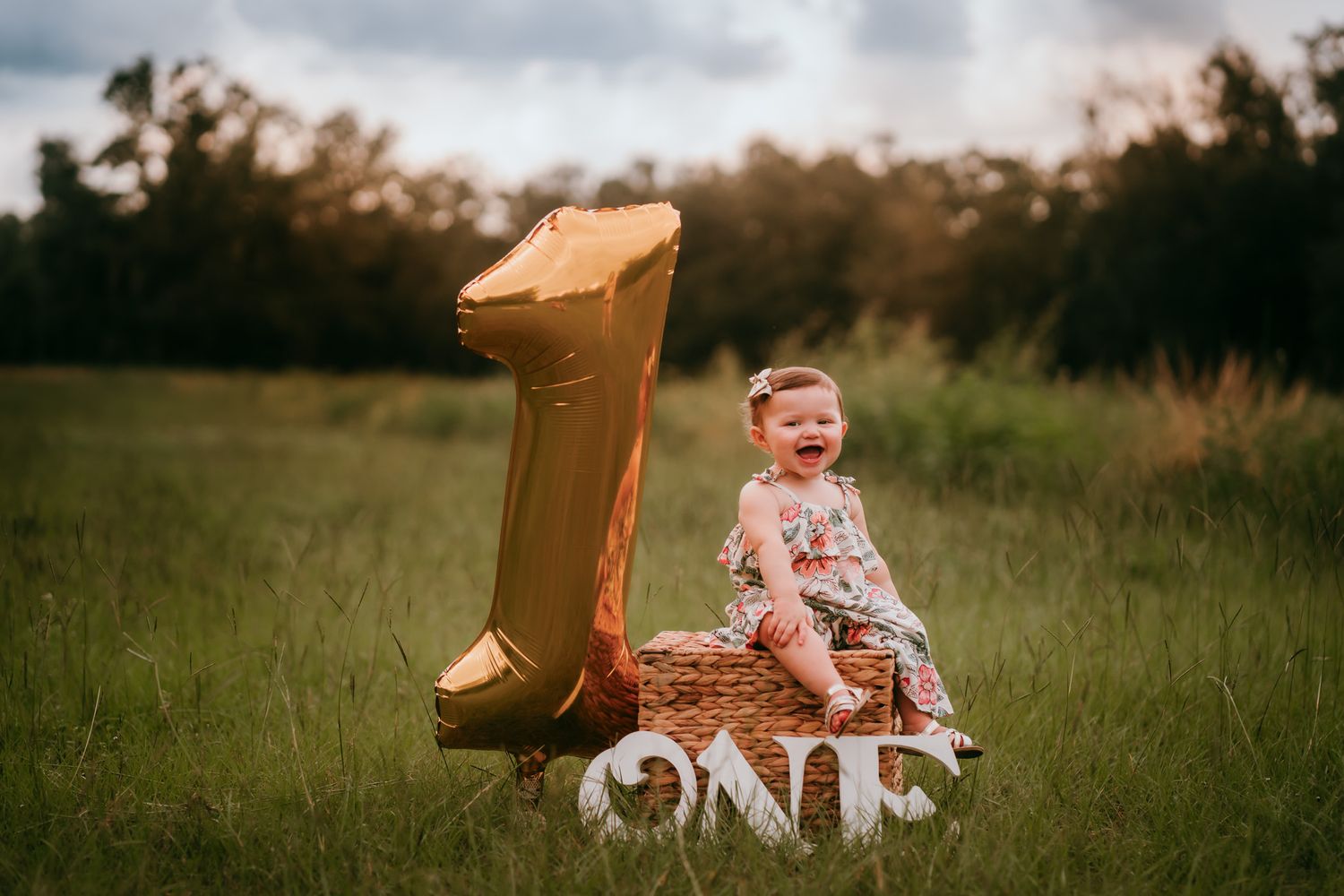 Baby girl laughing beside a gold number one balloon and ONE sign on a wicker basket in a green field.