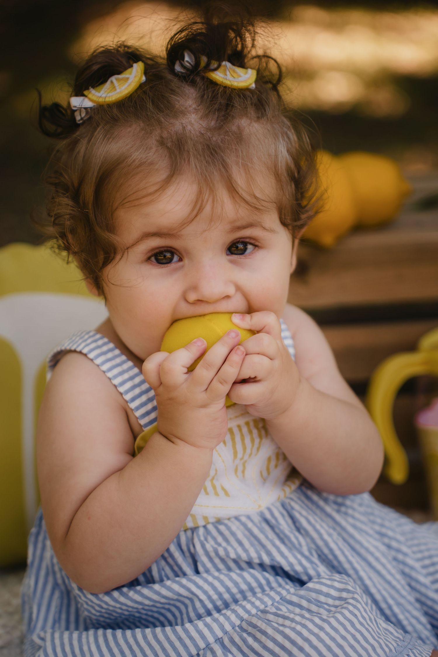 Adorable baby girl in striped dress biting a yellow lemon, with lemon hair clips, outdoors in natural light.