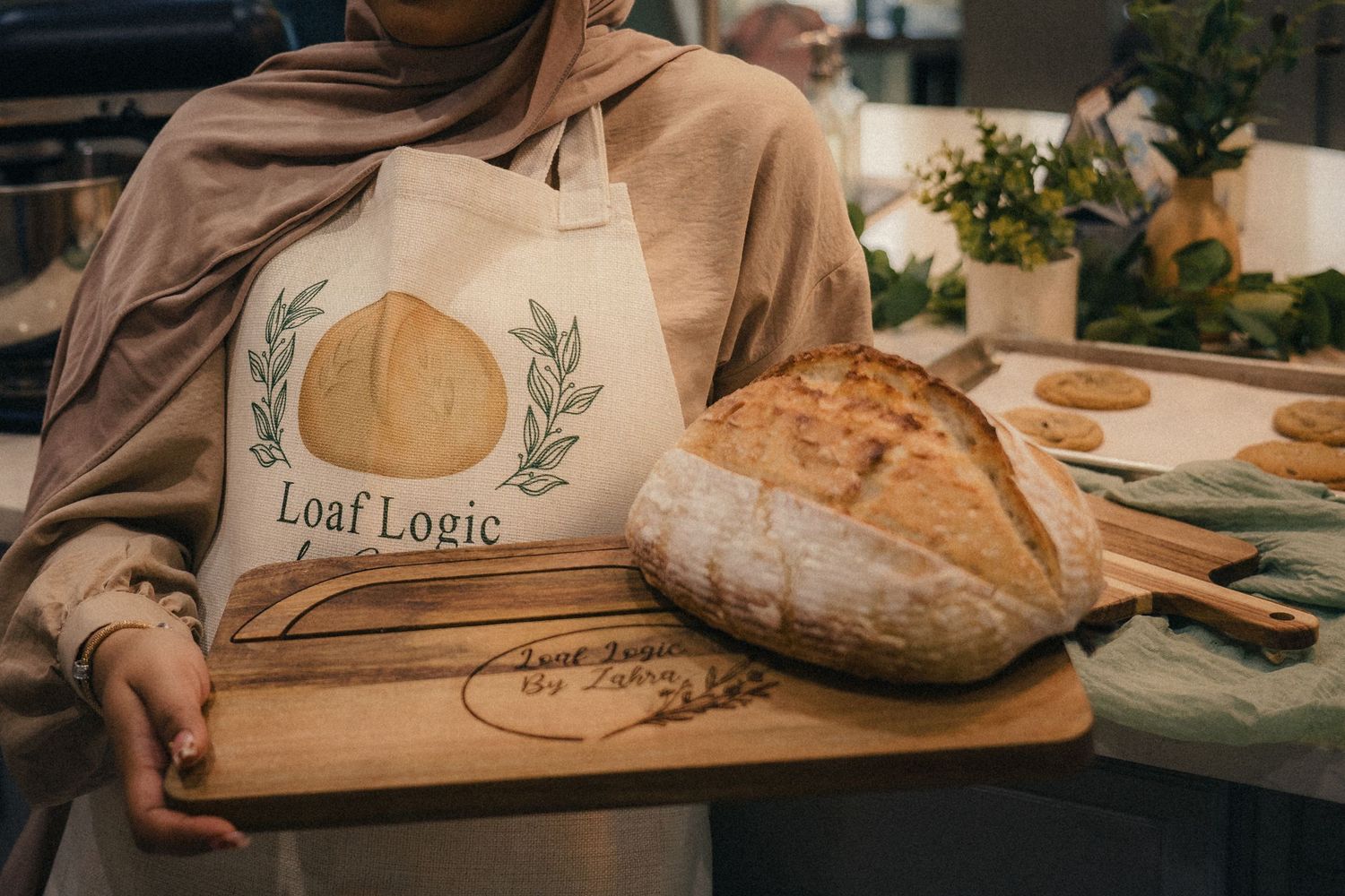 Person wearing a Loaf Logic apron holding a wooden board with freshly baked artisan sourdough bread.