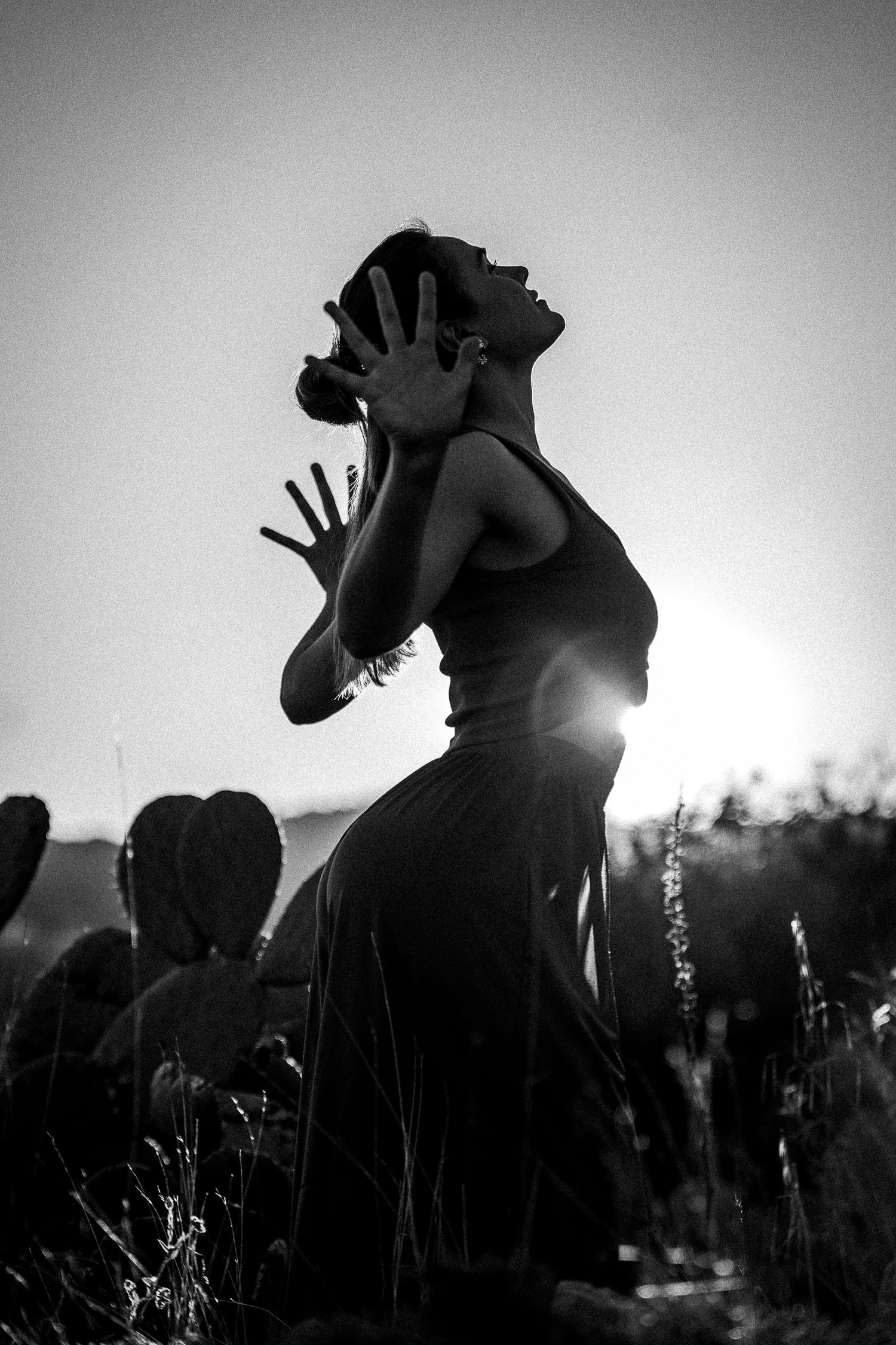 Black and white silhouette of woman with hands raised near face backlit by sunset among cacti.