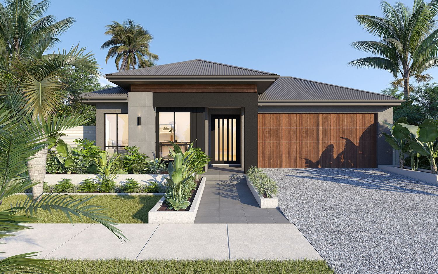 3D render of a modern home facade with timber and stone cladding, Aspire Grand Porch design.