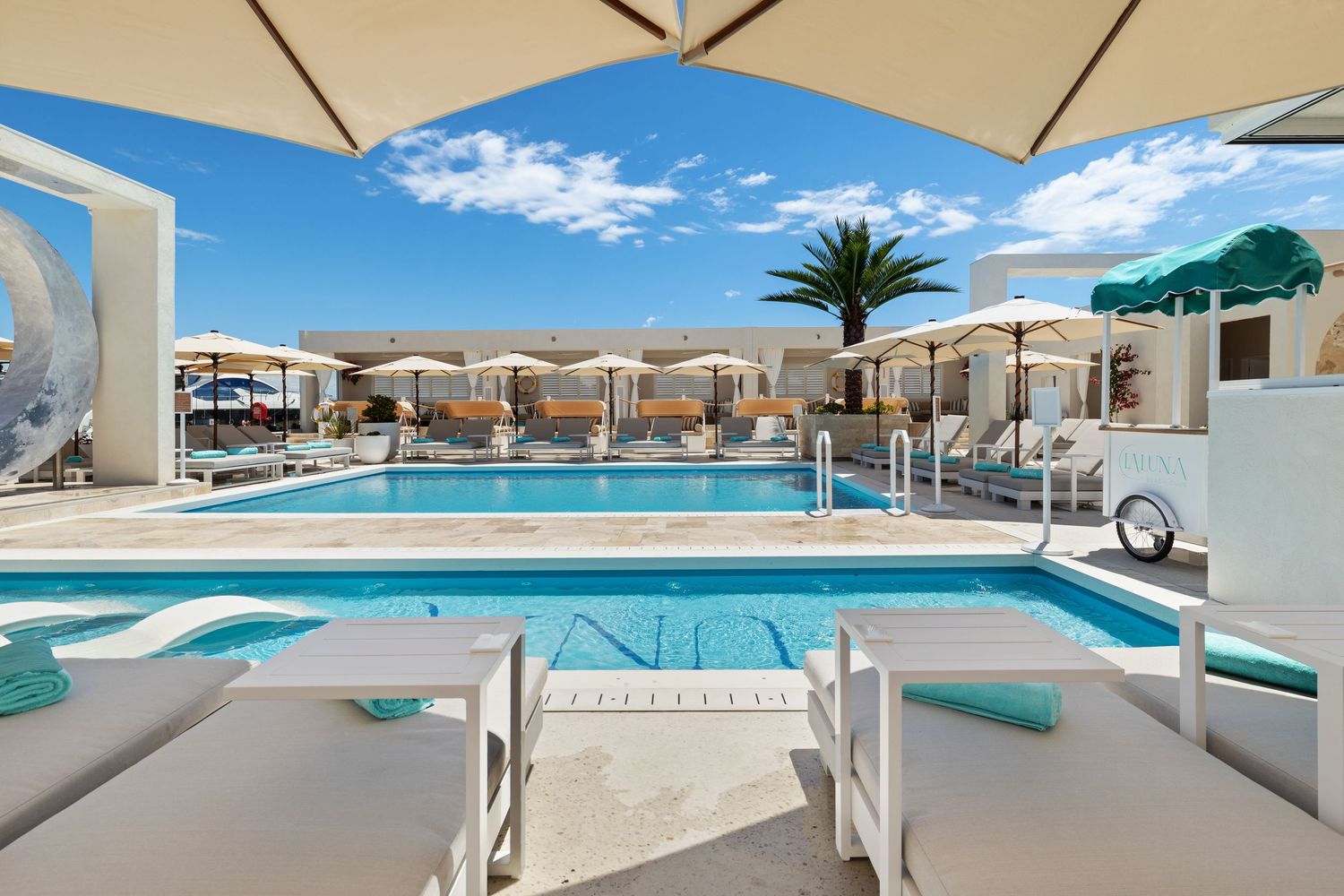 Photograph of a resort swimming pool with shade umbrellas and palm trees.