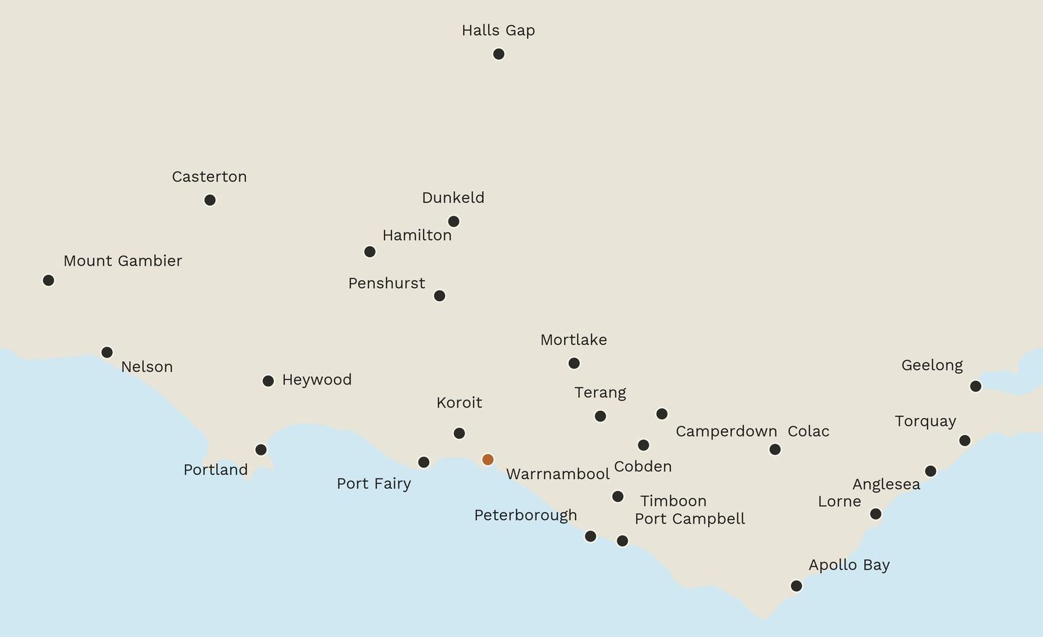 Map showing the South West Victoria and Great Ocean Road towns serviced by ThreeSixtyDegrees, from Portland to Geelong.