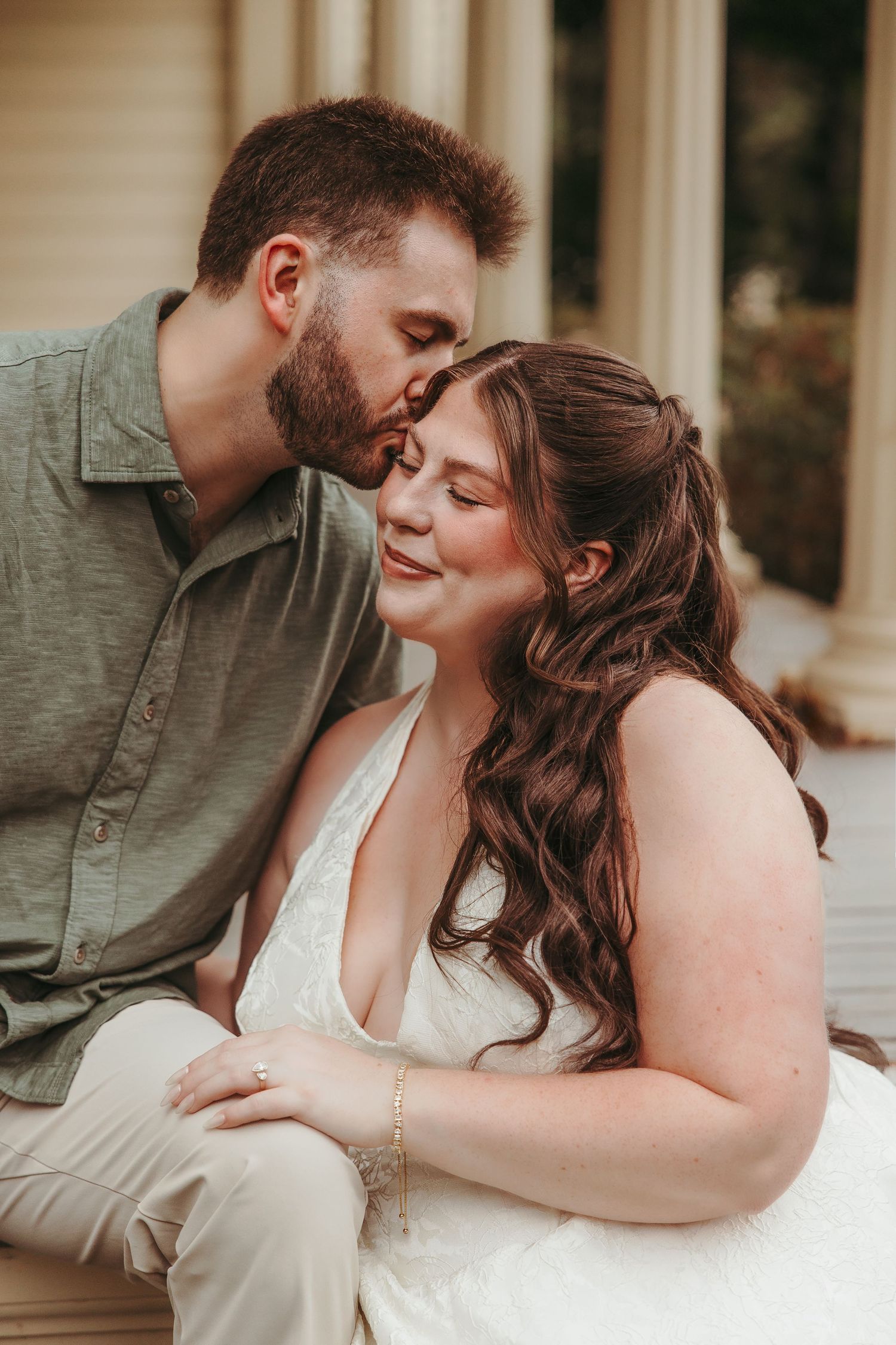 Couple sits close at Greenmead Livonia by Rachel Martinez Photography, Michigan Wedding Photographer