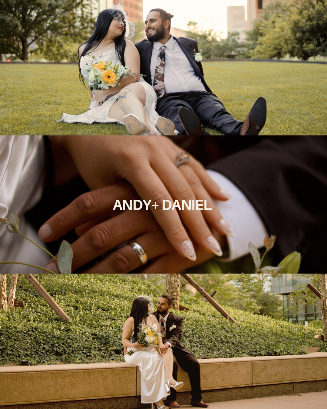 Andy and Daniel wedding couple sitting on grass with yellow bouquet and close-up of wedding rings.