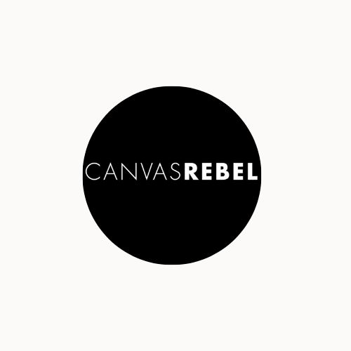 A black and white logo design featuring the text 'CANVASREBEL' in a modern, minimalist style.
