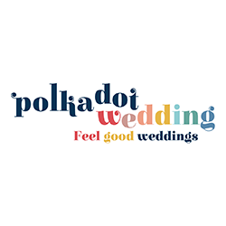 A colorful 'Polka Dot Wedding' logo design with red, orange and navy blue text against a white background.