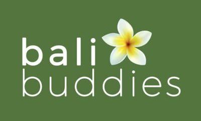 Bali Buddies logo featuring white text and yellow plumeria flower on green background.