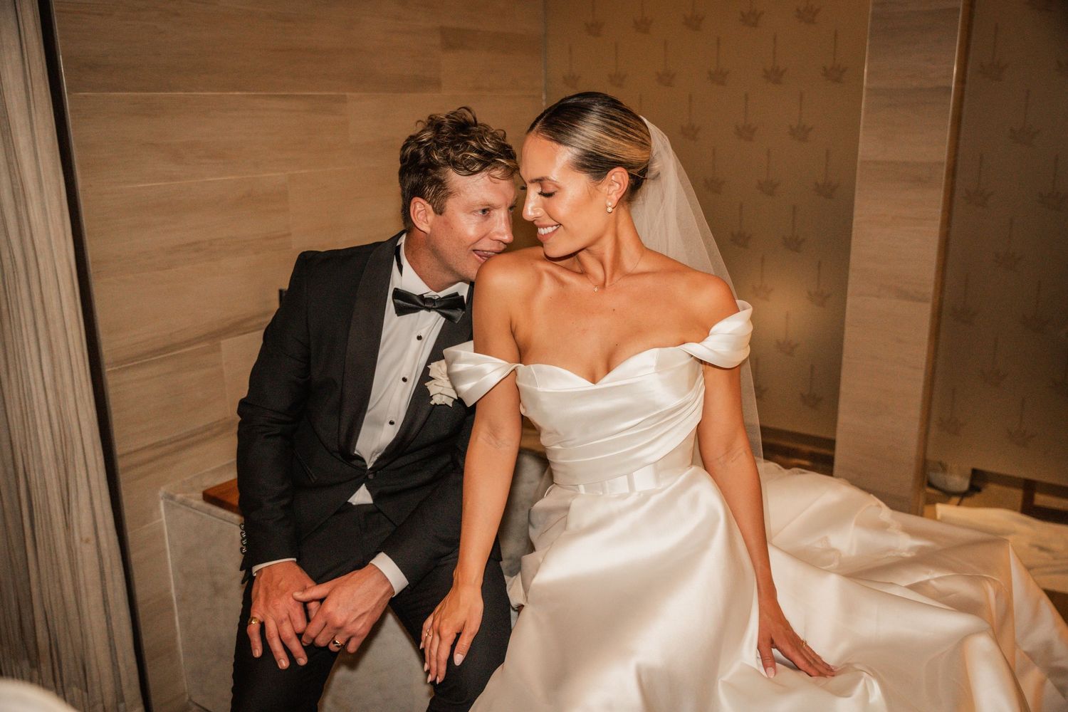 A bride and groom share intimate moments in a sequence of romantic wedding photos.