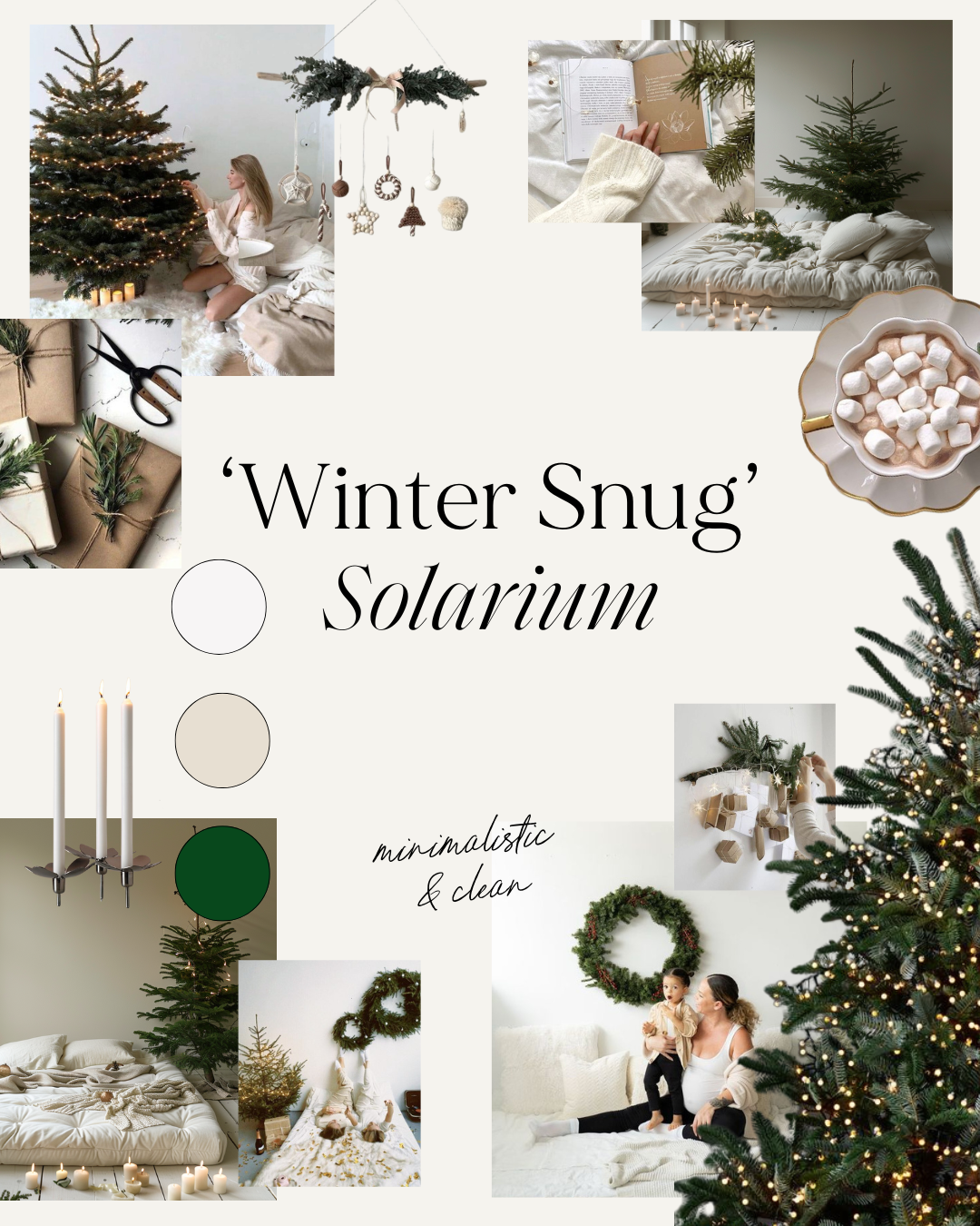 A cozy winter mood board featuring evergreen trees, hot cocoa, white candles, and rustic holiday decor in neutral tones for Christmas Minis.