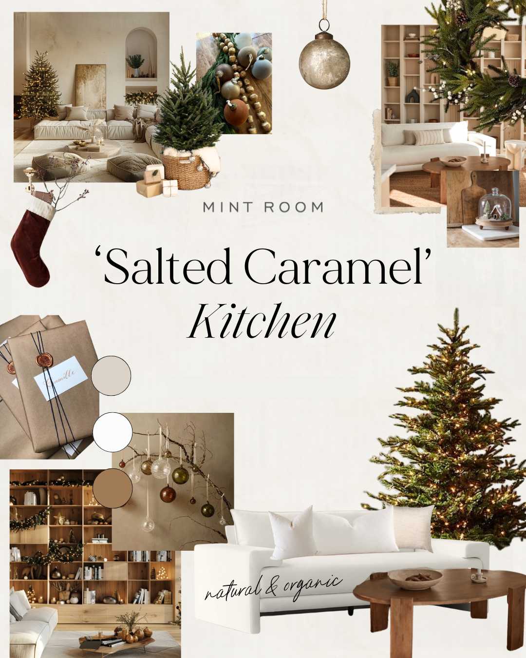 Christmas mood board featuring a salted caramel kitchen theme with neutral decor, evergreen trees and metallic ornaments at Mint Room Studio