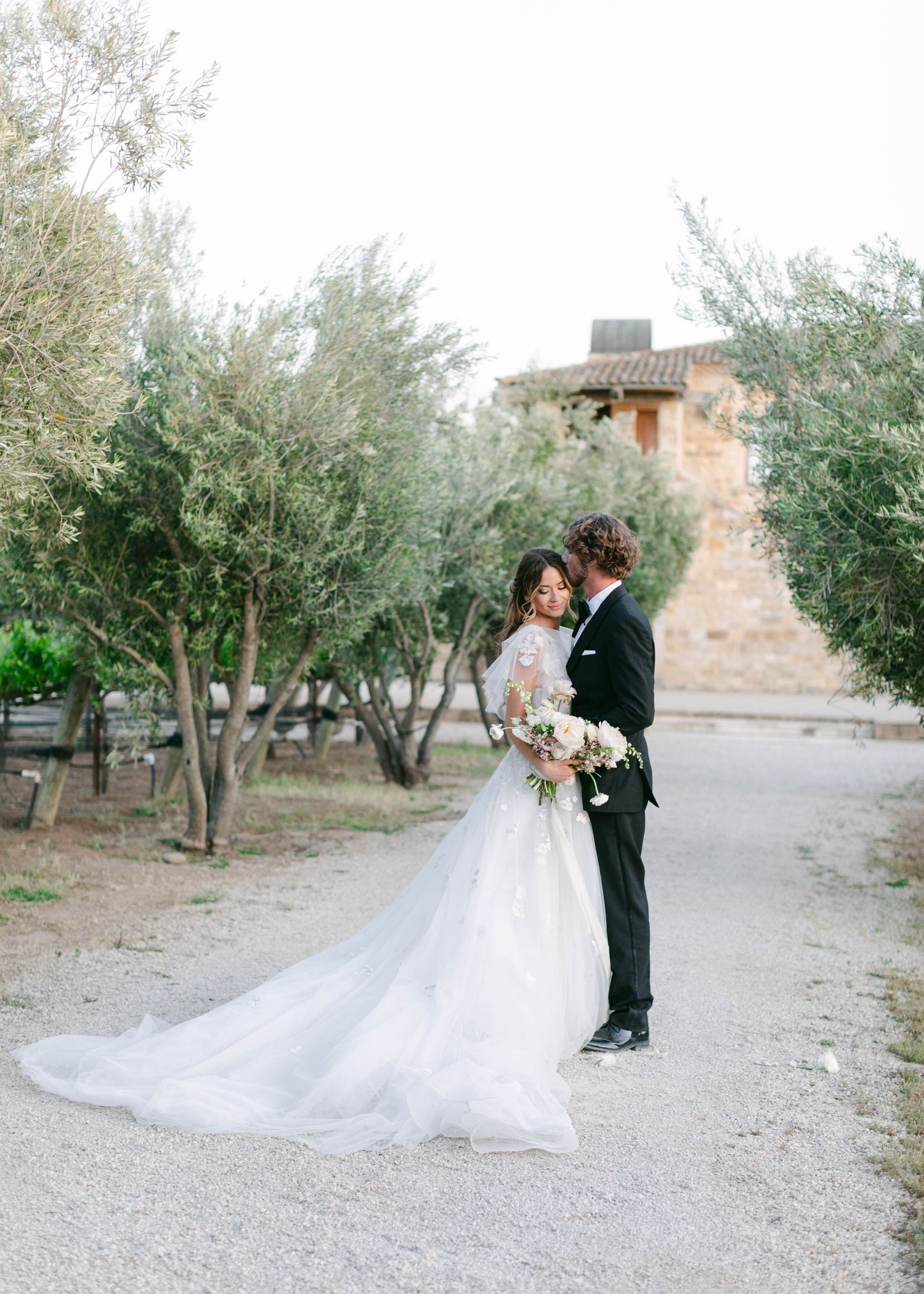 Wedding couple poses in an olive grove with flowing white dress and classic tuxedo.