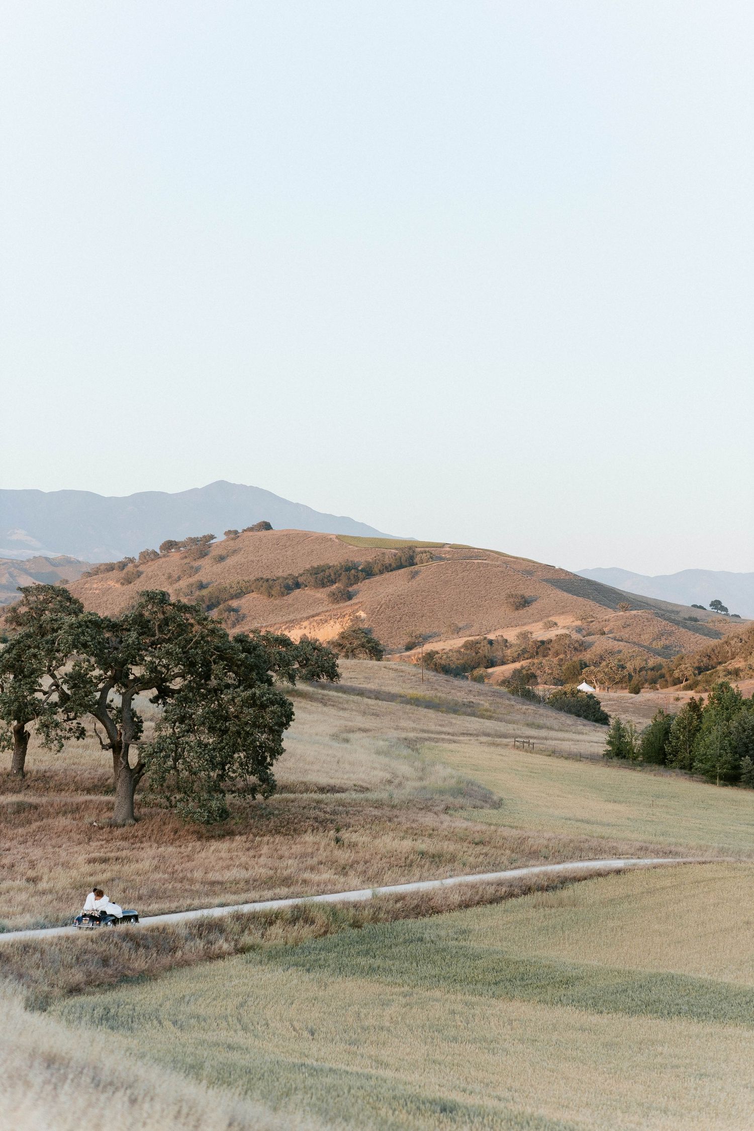 Rolling hills and oak trees create a scenic California landscape with mountains in the distance.
