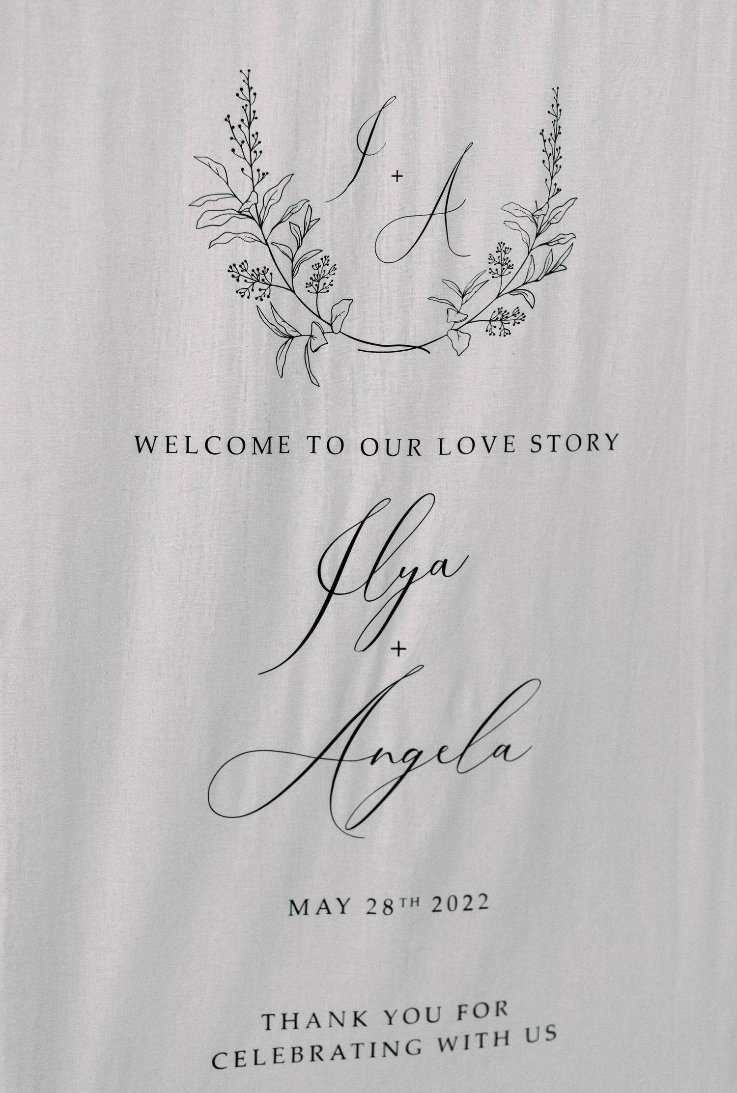 Elegant wedding invitation text and calligraphy details on white paper with floral designs.