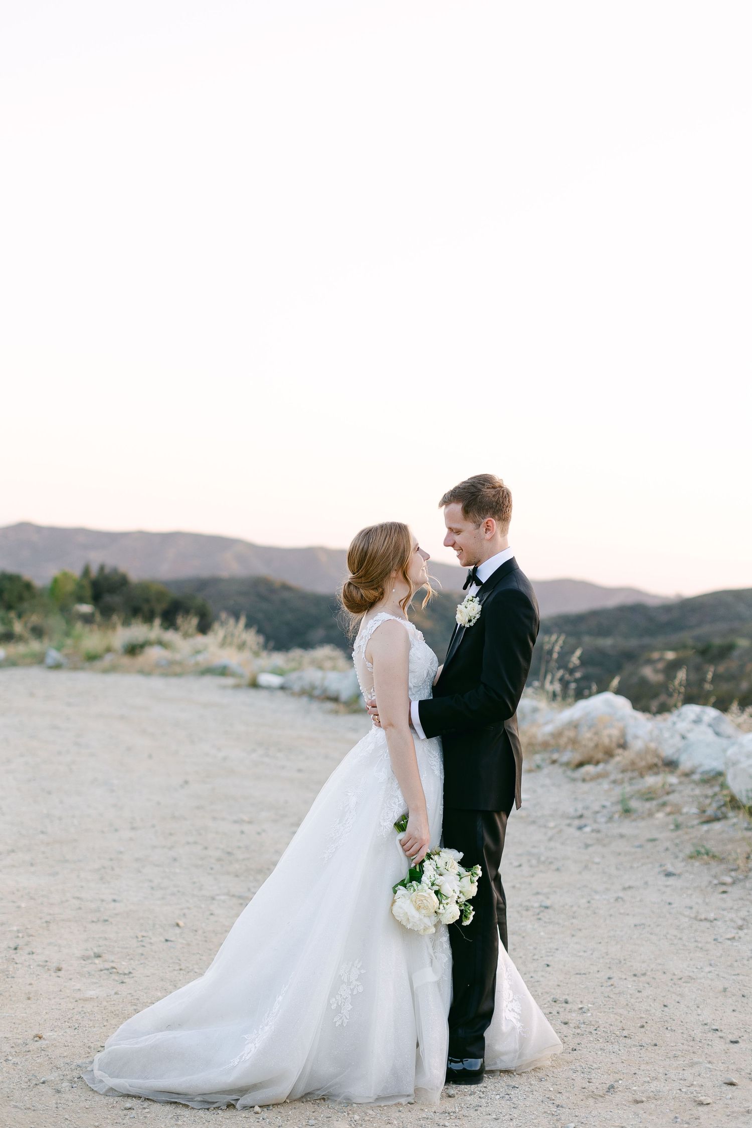 A romantic wedding portrait of a couple embracing in a desert setting with mountains behind them.