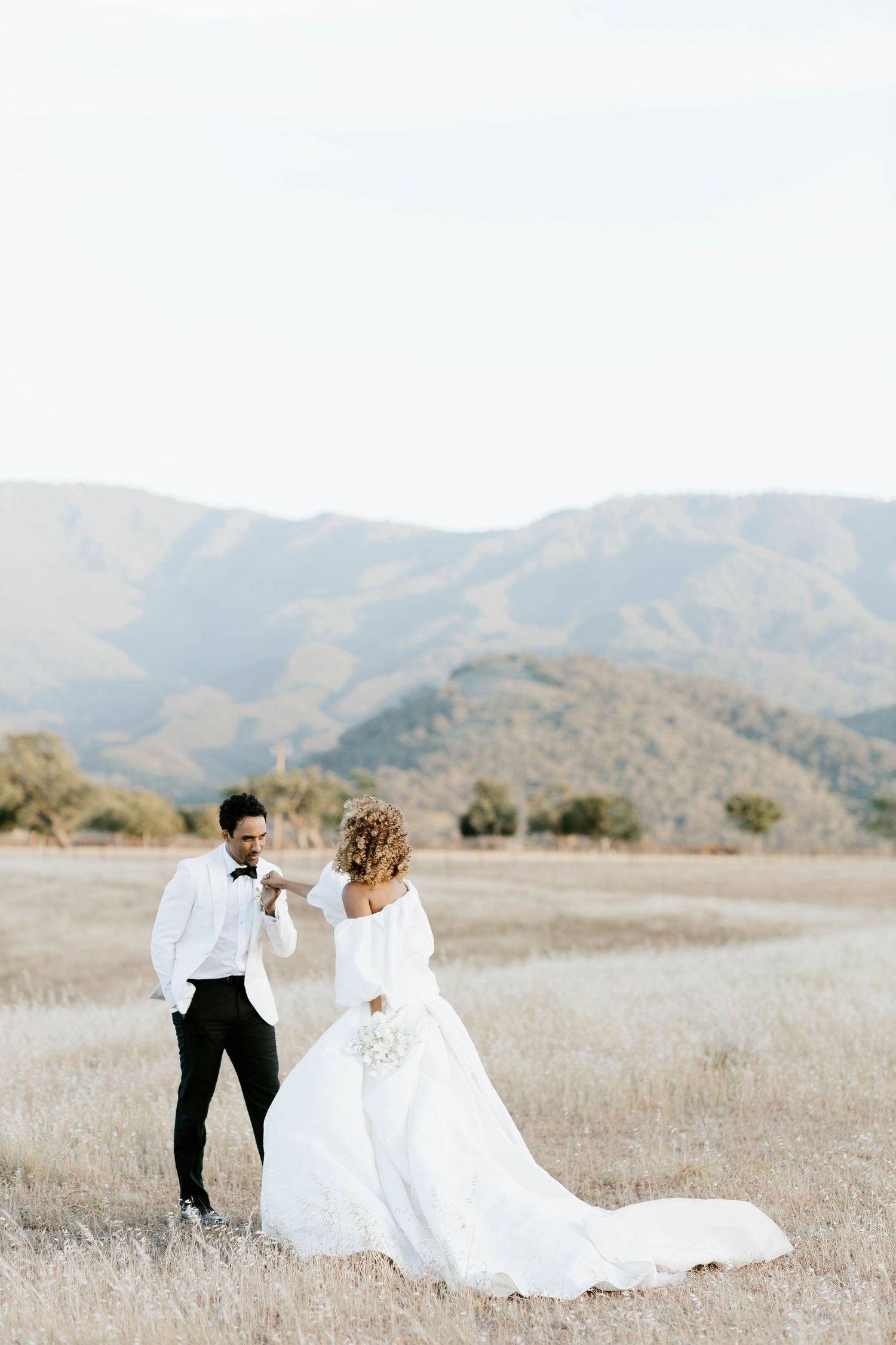 A wedding couple poses together in a scenic mountain meadow with dried grass.