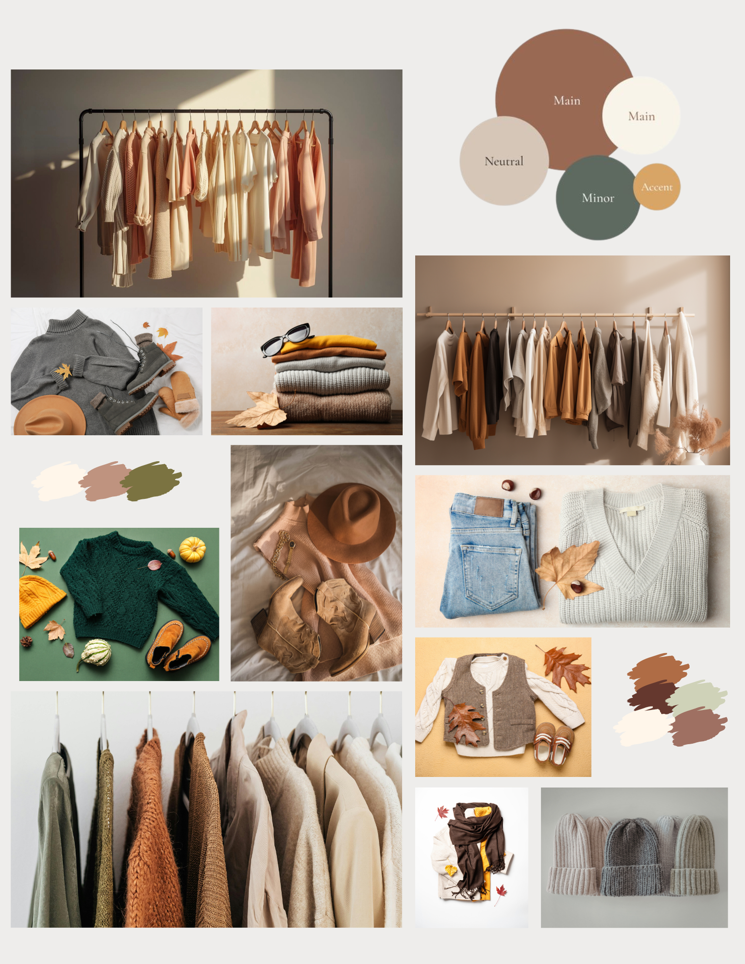 Autumn fashion moodboard with warm earth tones, cozy knitwear, denim, and a neutral color palette of brown, green, and beige.