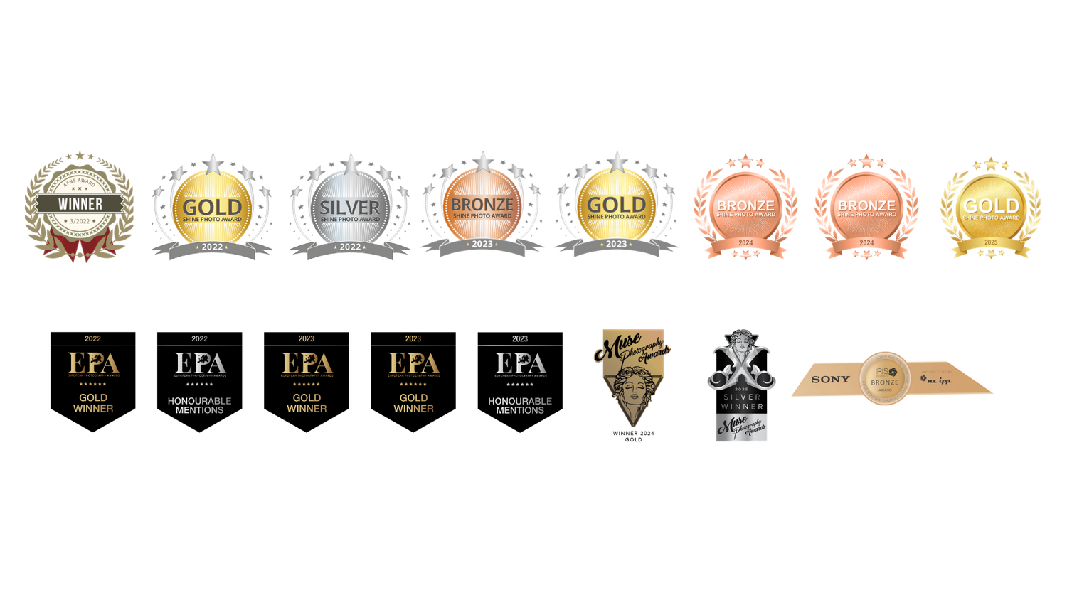 A collection of beer rating badges and medals arranged in a row showing different achievement levels and rankings.