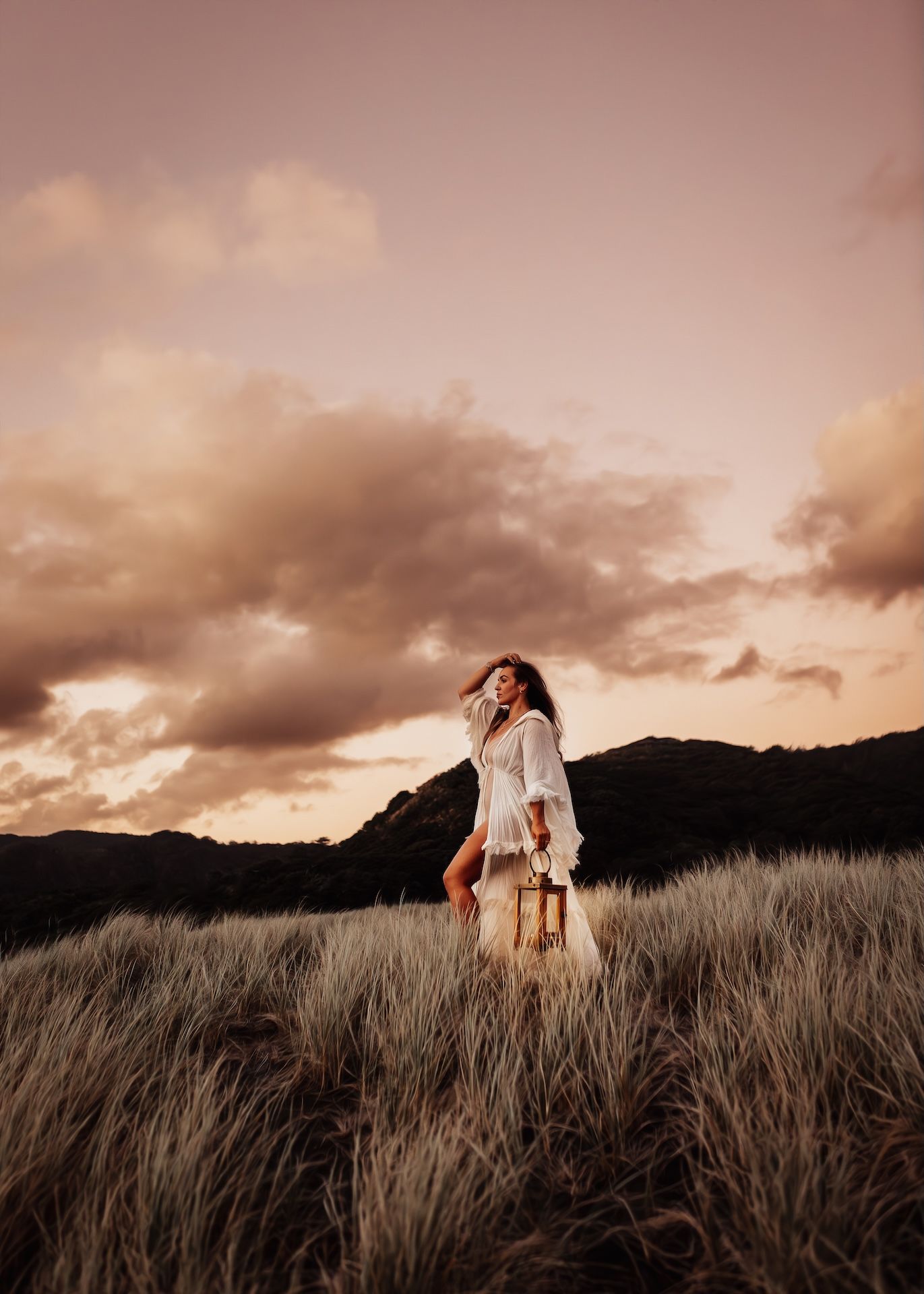 A figure stands in tall golden grass at sunset with dramatic cloudy skies and mountains in the background.