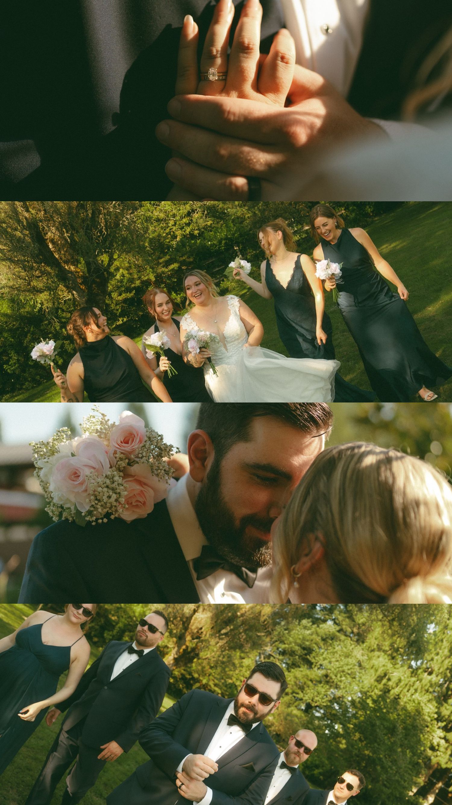 Wedding party enjoying candid moments outdoors in natural sunlight.