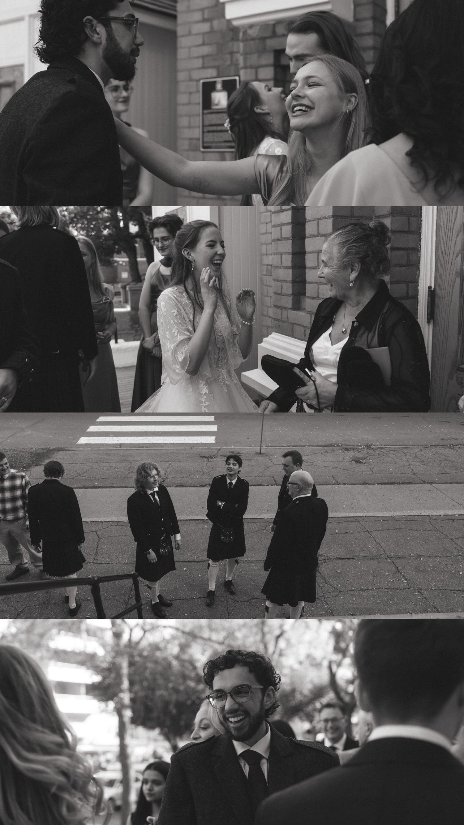 Black and white wedding photo collage showing candid moments and celebrations at an outdoor venue.