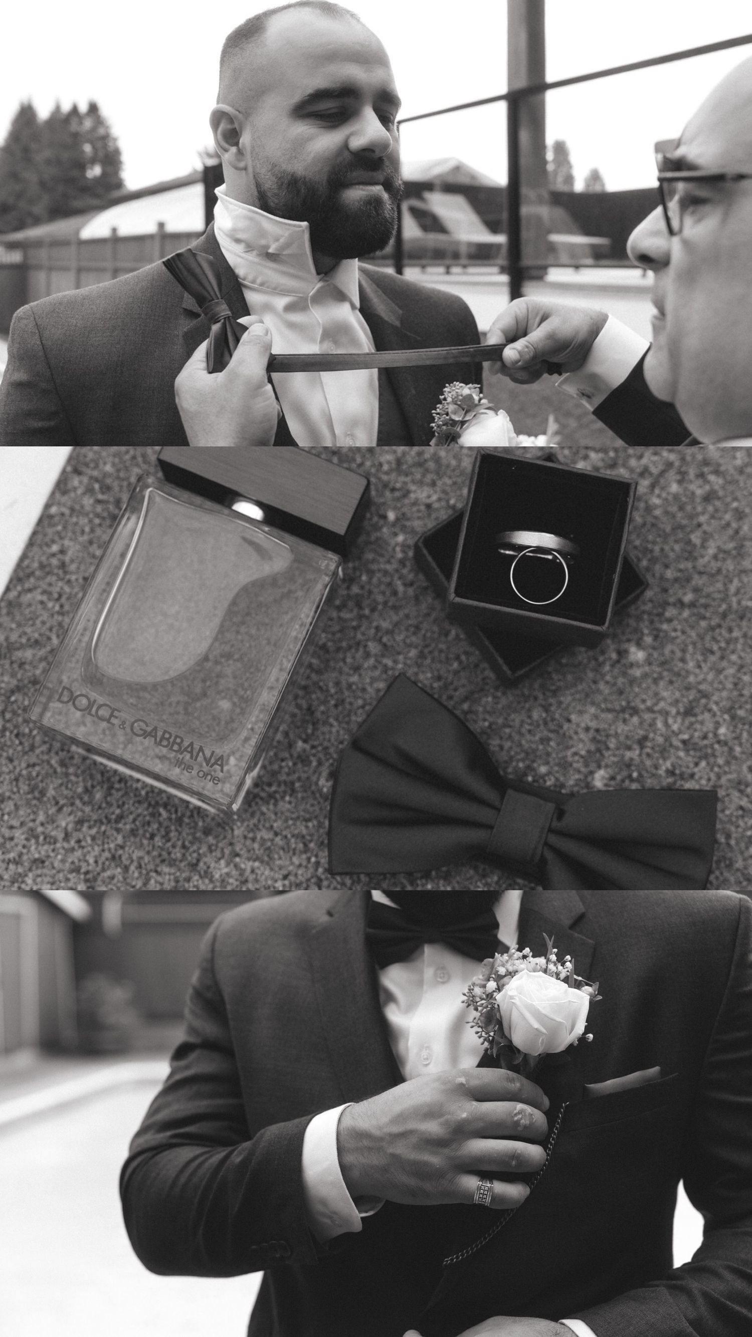 Groomsmen preparing wedding details and accessories in black and white.