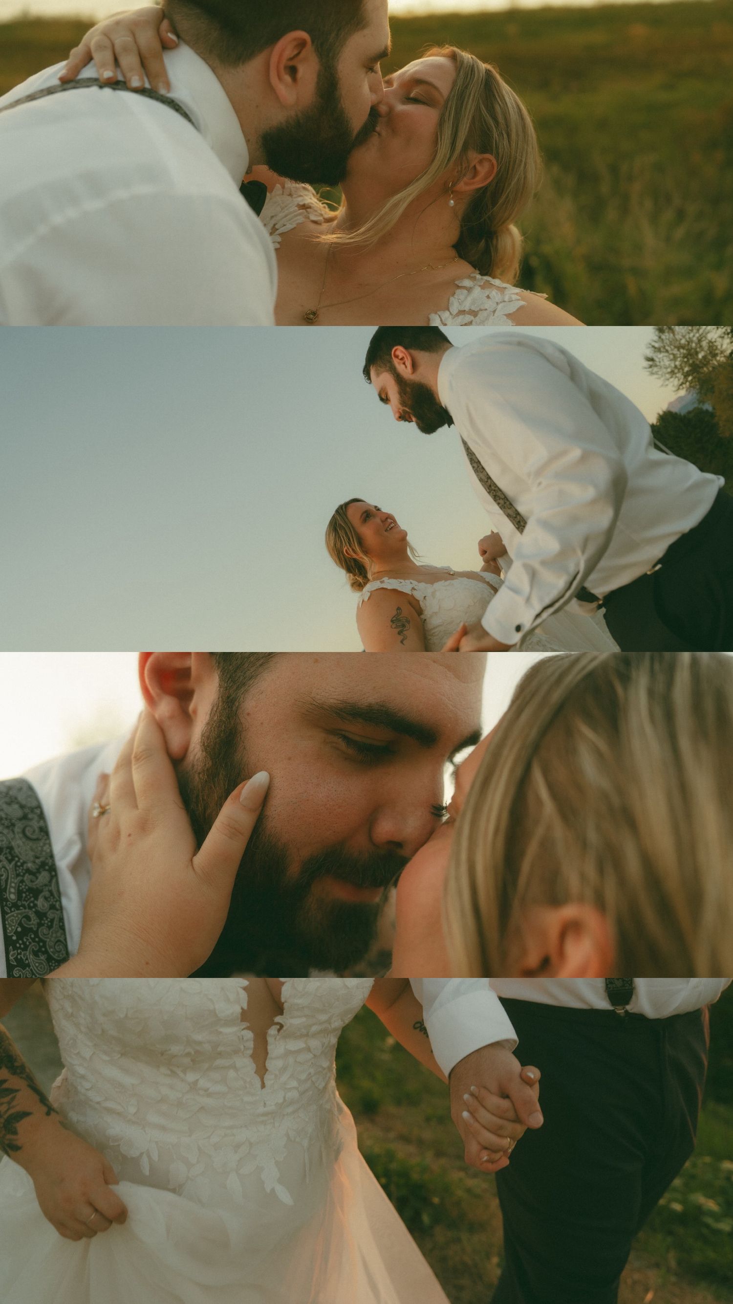 Romantic wedding couple sharing intimate moments during golden hour photography session.