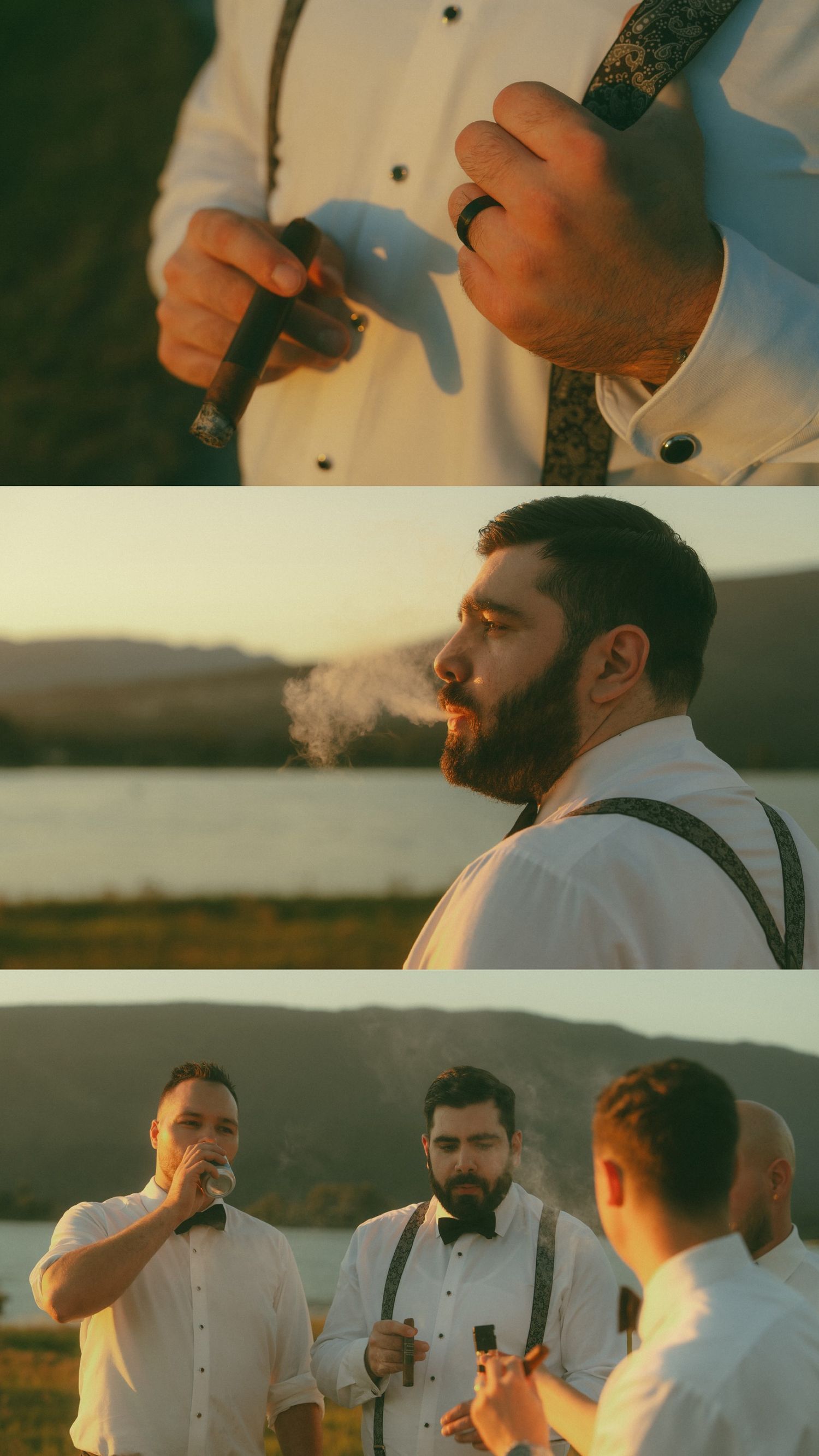 Groomsmen sharing drinks and toasting during sunset by a lake.